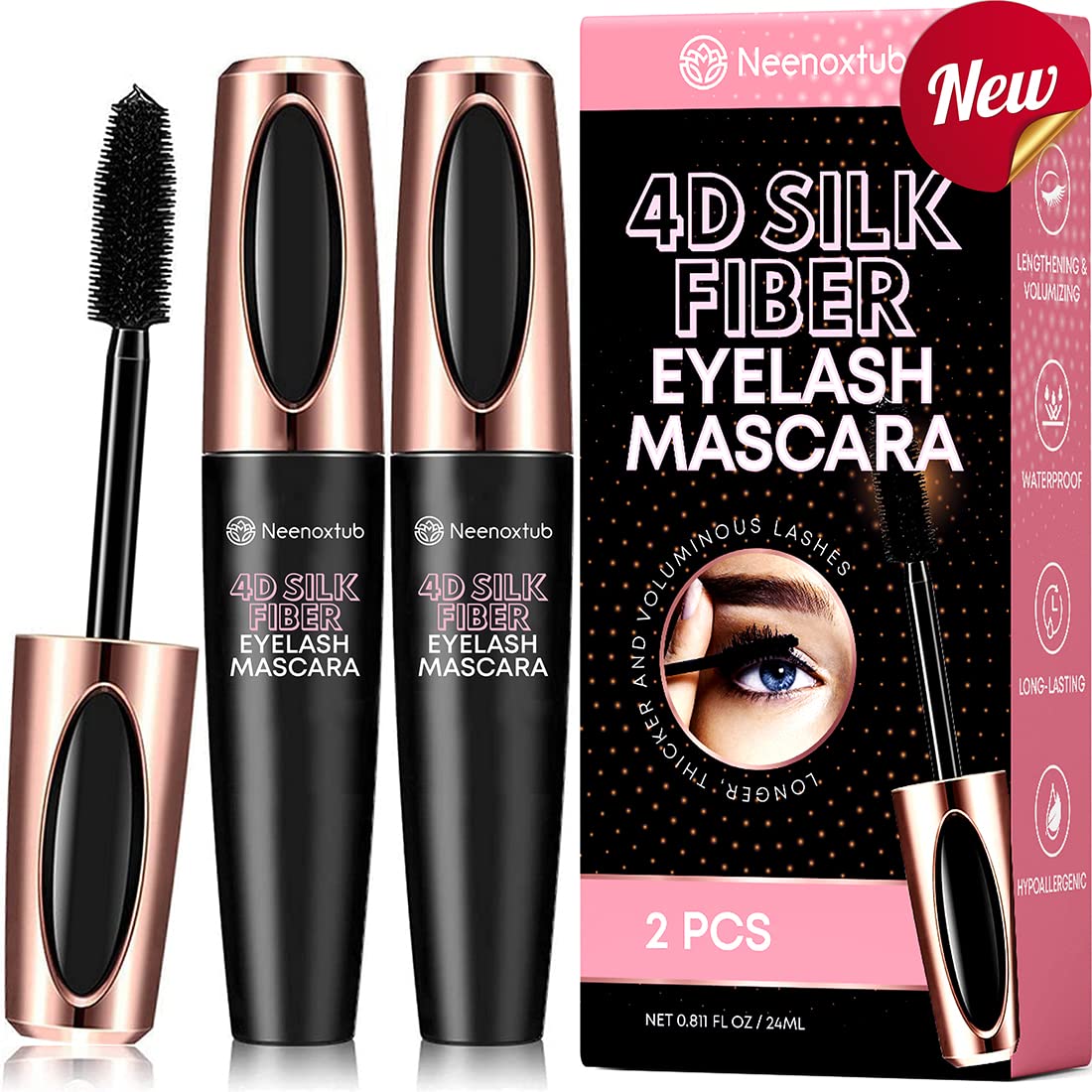Neenoxtub 4D Silk Fiber Mascara – pack de deux idéal pour voyages et recharges