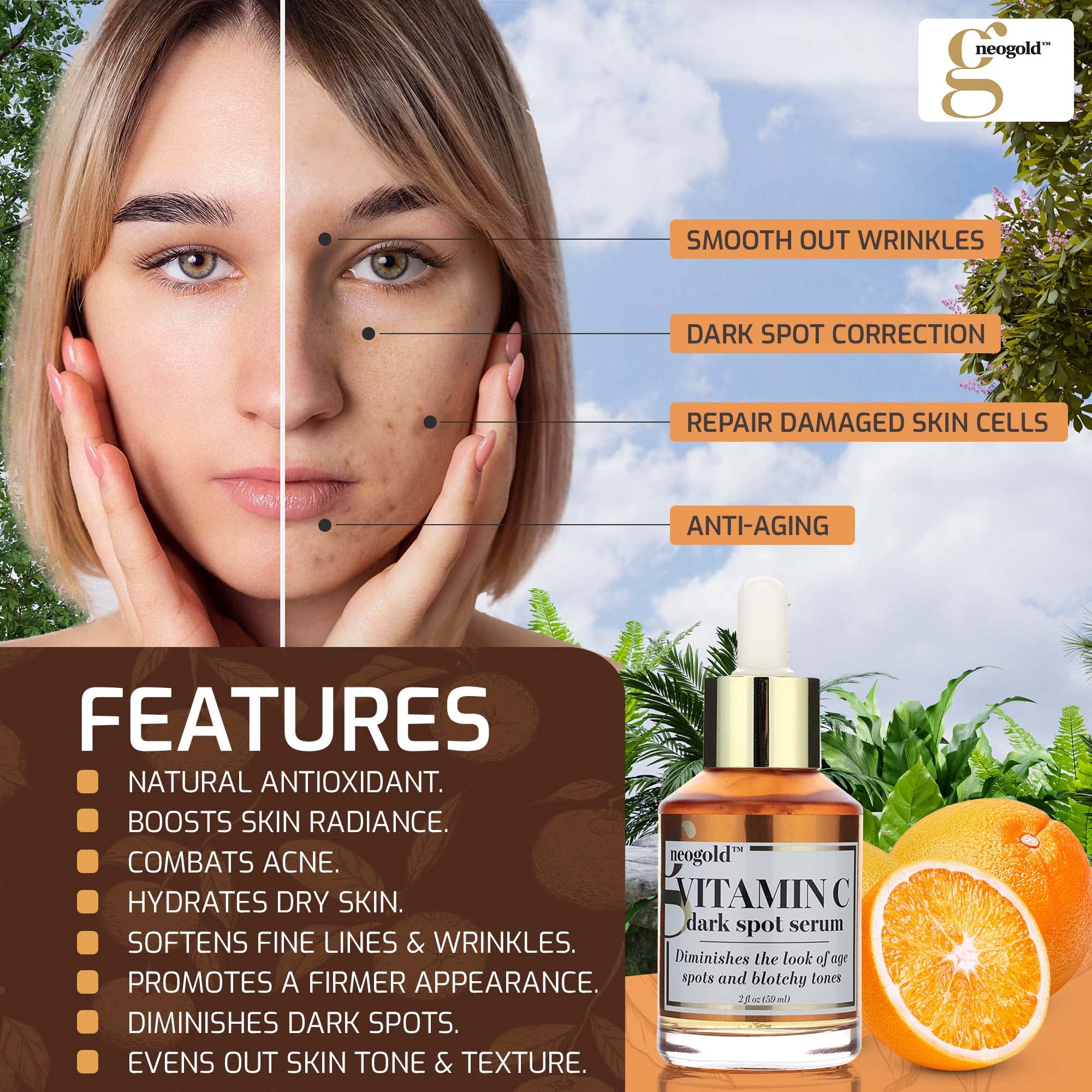 Neogold Sérum Vitamine C – absorption rapide et peau prête pour le soin.