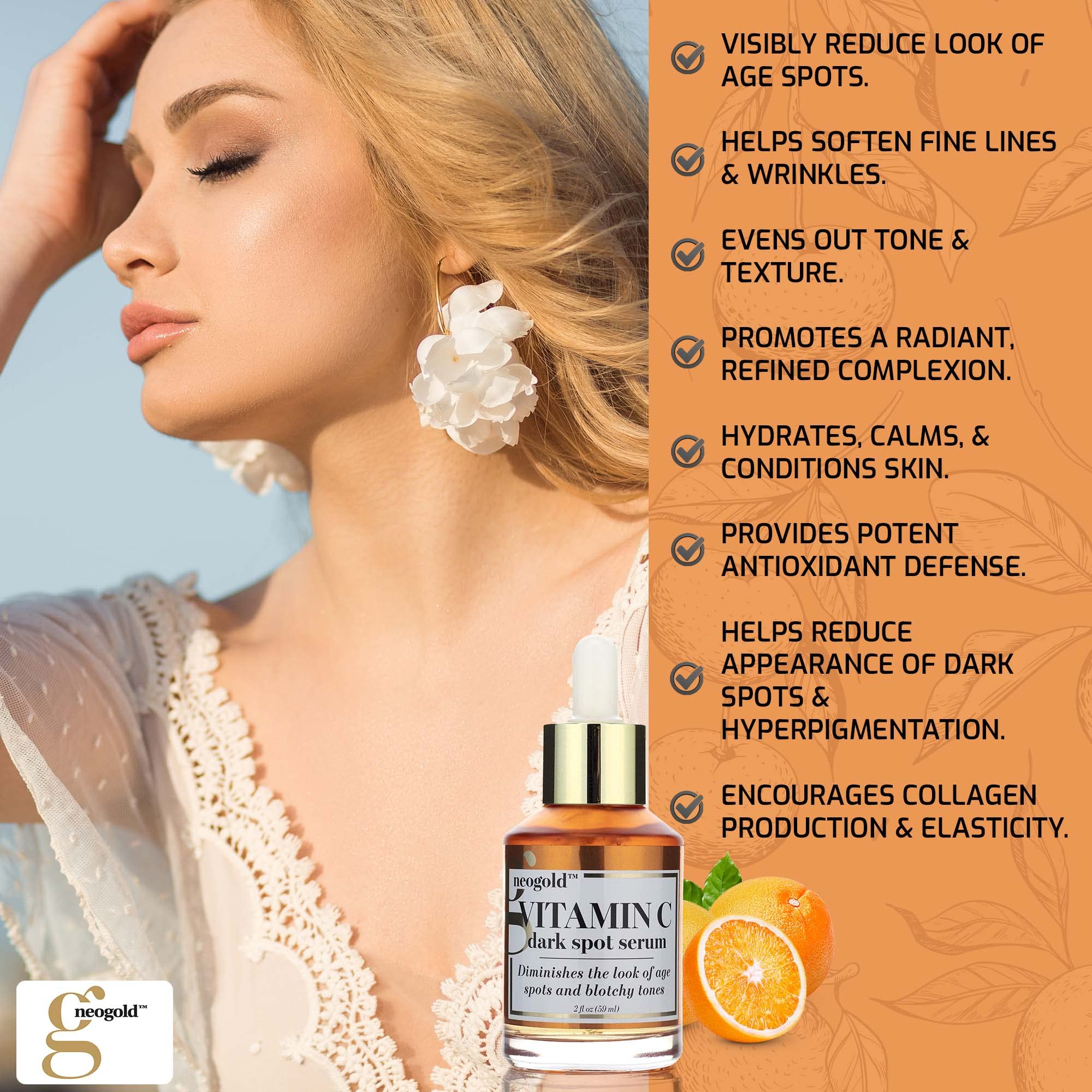 Neogold Sérum Vitamine C – peptides et actifs ciblés pour la fermeté.