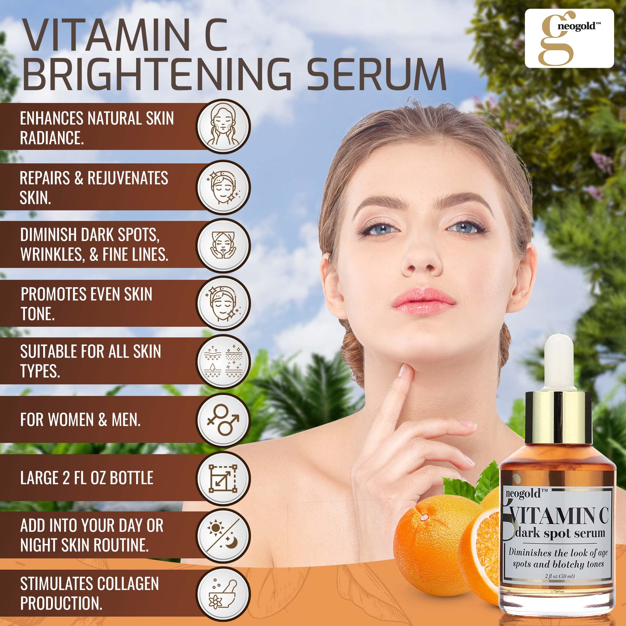 Neogold Sérum Vitamine C – teint unifié et éclat naturel.