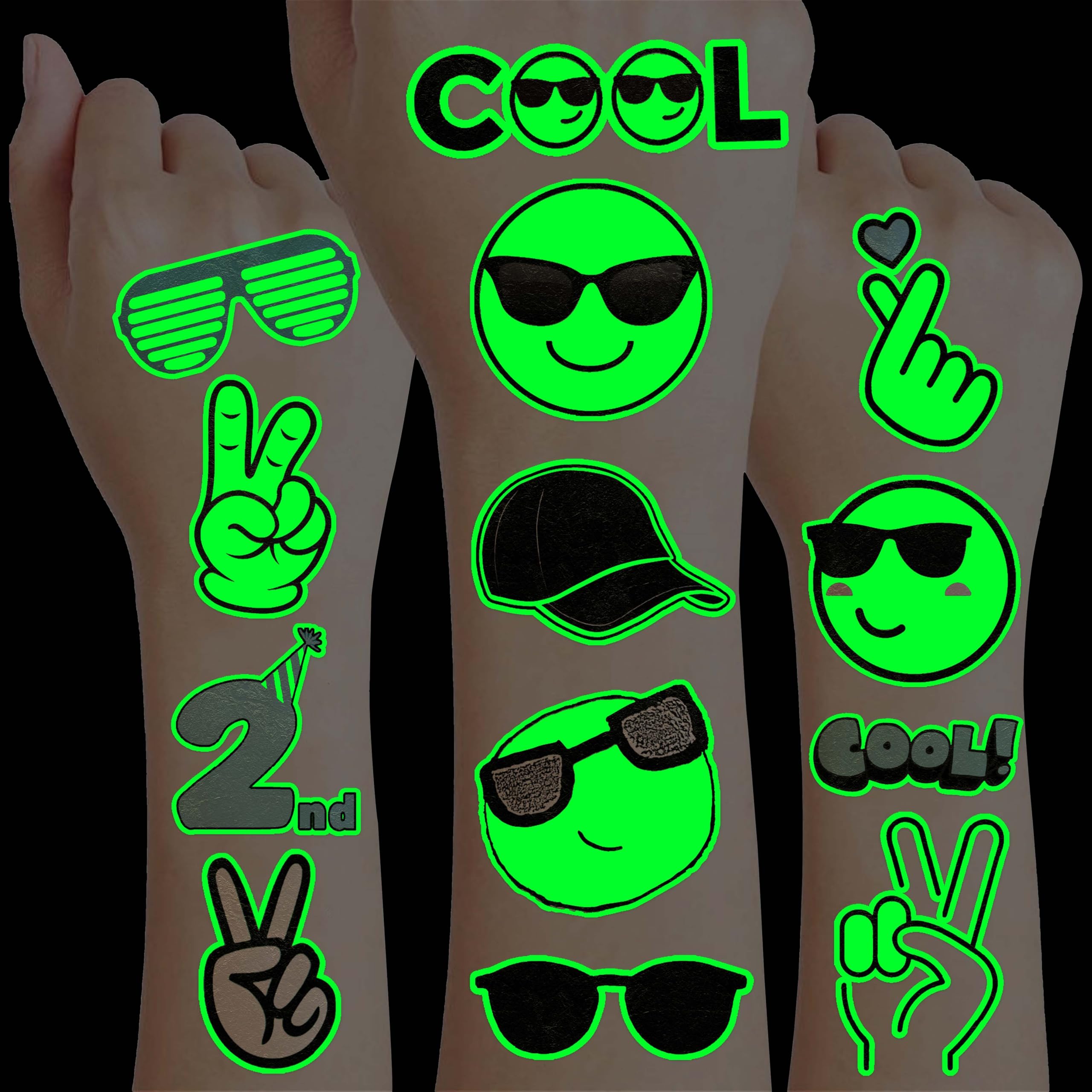 Tatouage Neon Luminous sourire avec lunettes, parfait pour fêtes lumineuses et looks audacieux.