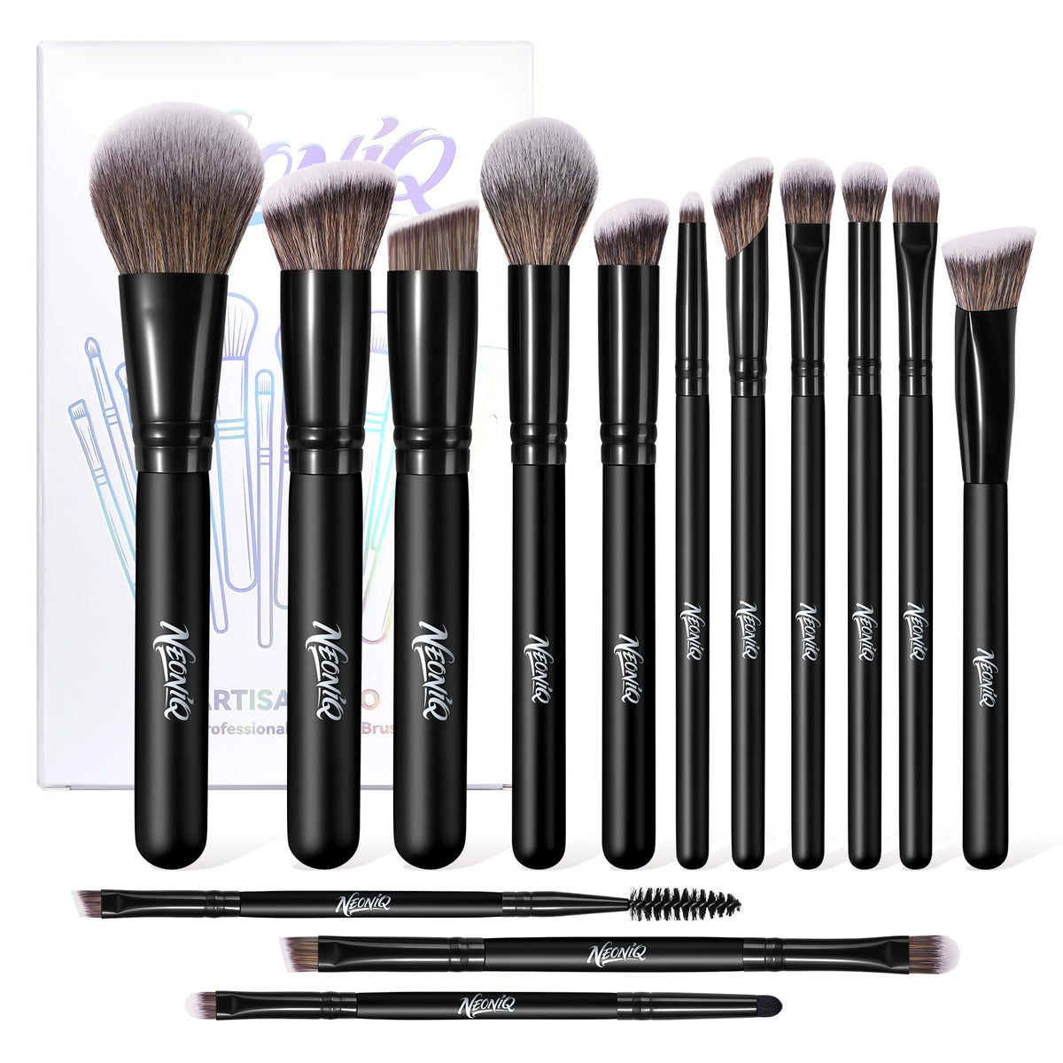 Pinceaux NEONIQ 14 pièces pour un maquillage professionnel et uniforme.