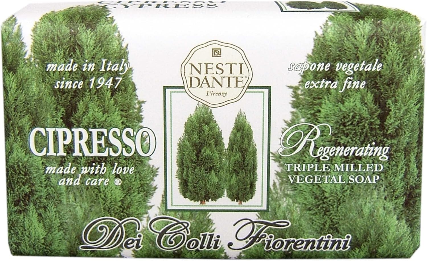 Nesti Dante savon végétal tri-moulu cyprès, douceur durable et arôme apaisant.