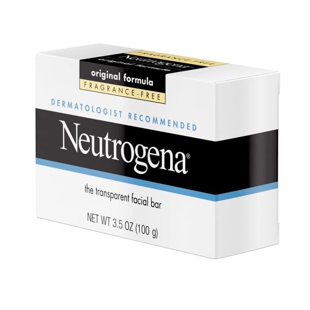 Neutrogena pain-nettoyant-visage-transparent-sans-parfum, sans détergents ni colorants agressifs.