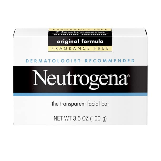 Neutrogena pain-nettoyant-visage-transparent-sans-parfum, hypoallergénique pour peaux sensibles.
