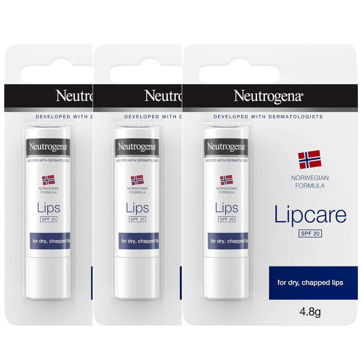 Baume lèvres Neutrogena, format bâton, formule norvégienne, hydratation légère pour lèvres sèches et protection solaire.