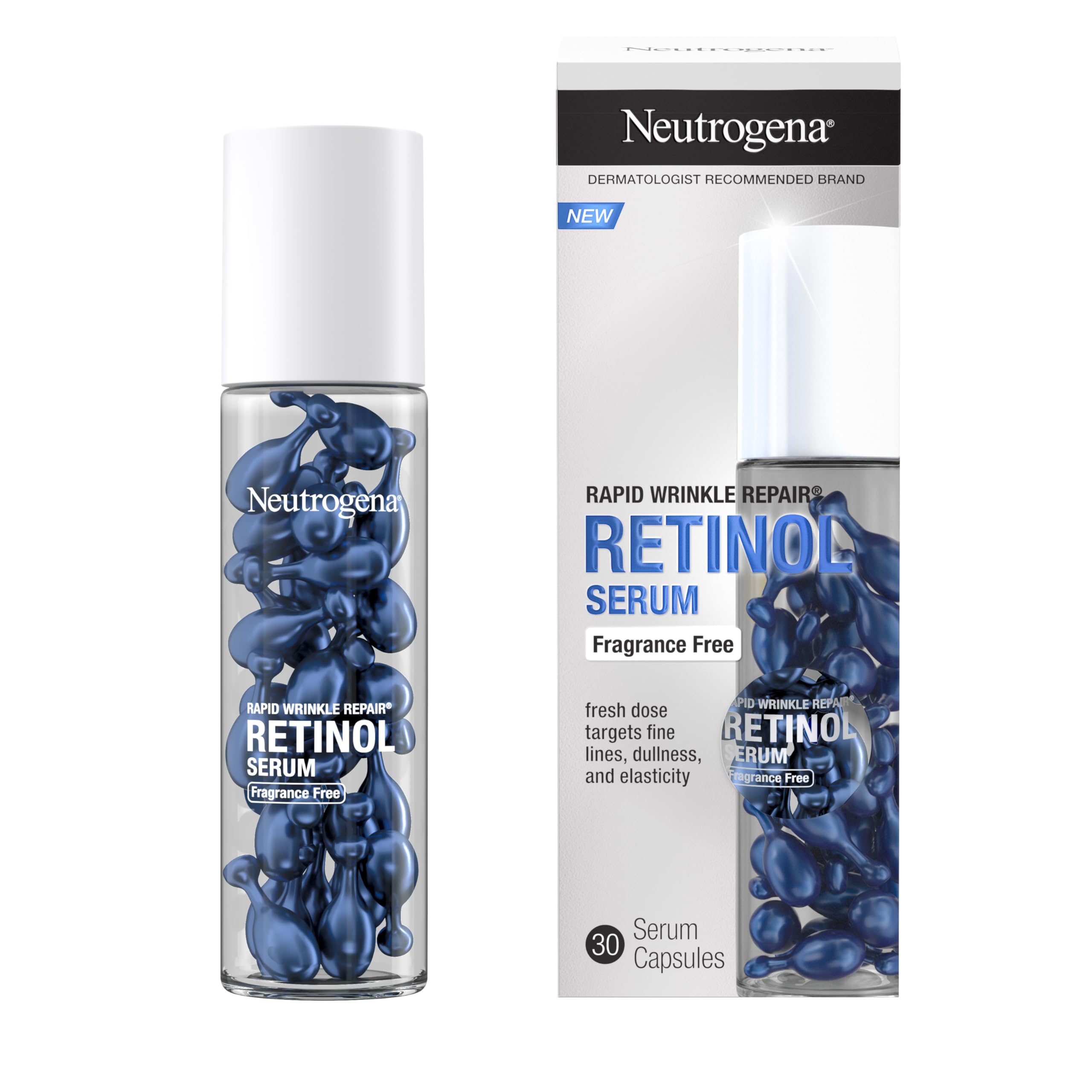 Sérum Neutrogena en capsules retinol pour relèvement rapide des rides et peau lisse.