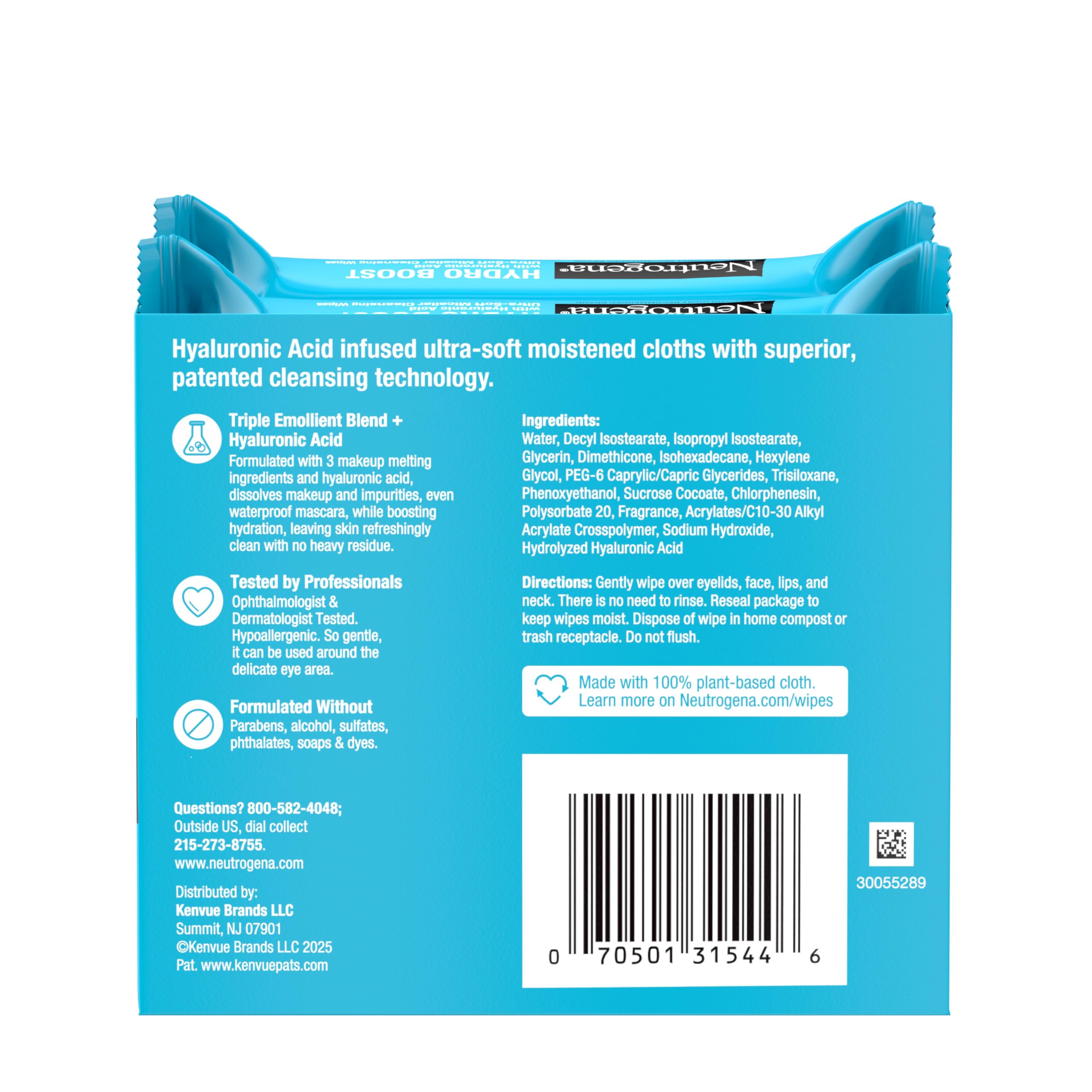 Neutrogena Hydro Boost Lingettes Micellaires facilitent démaquillage et hydratation légère.