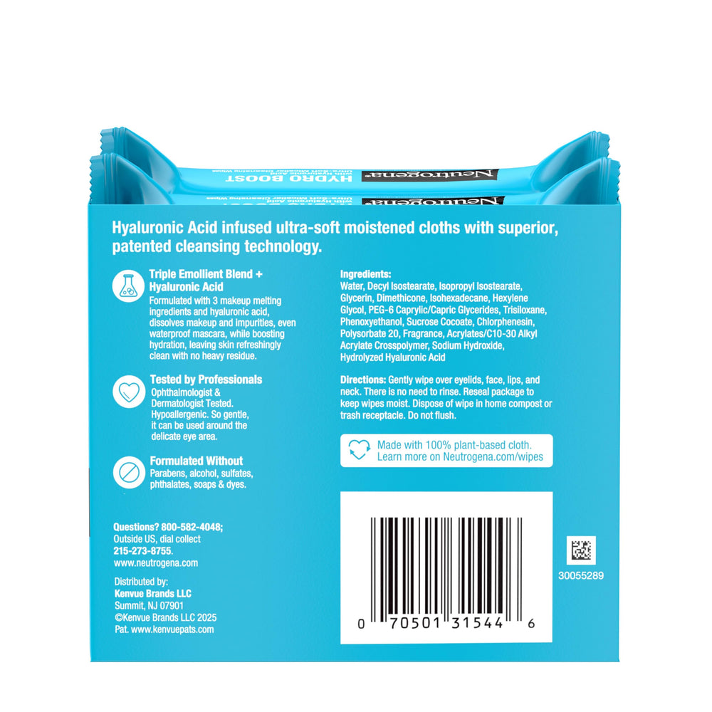 Neutrogena Hydro Boost Lingettes Micellaires facilitent démaquillage et hydratation légère.