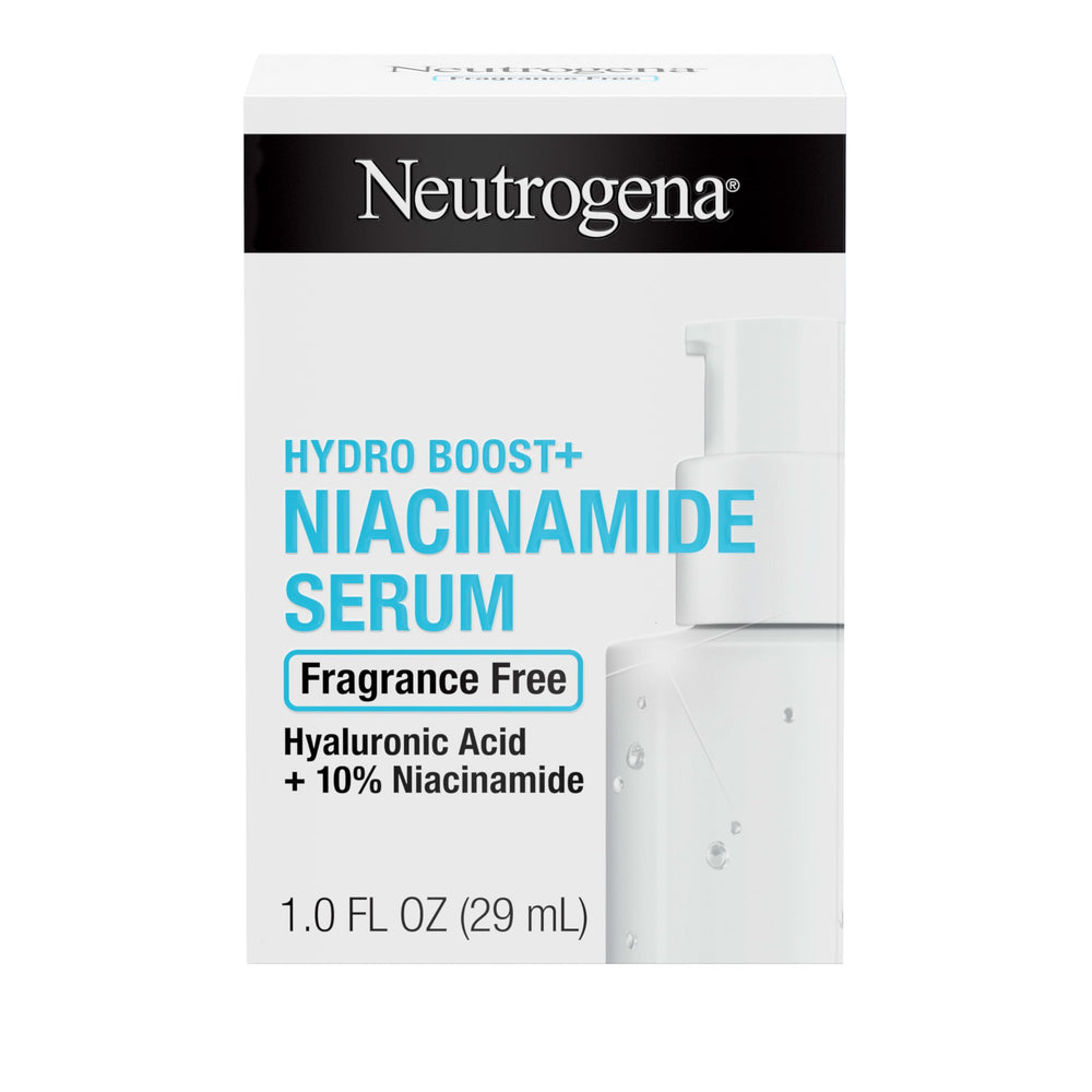 Sérum Neutrogena Hydro Boost + Niacinamide dans la bouteille, hydrate durablement la peau.