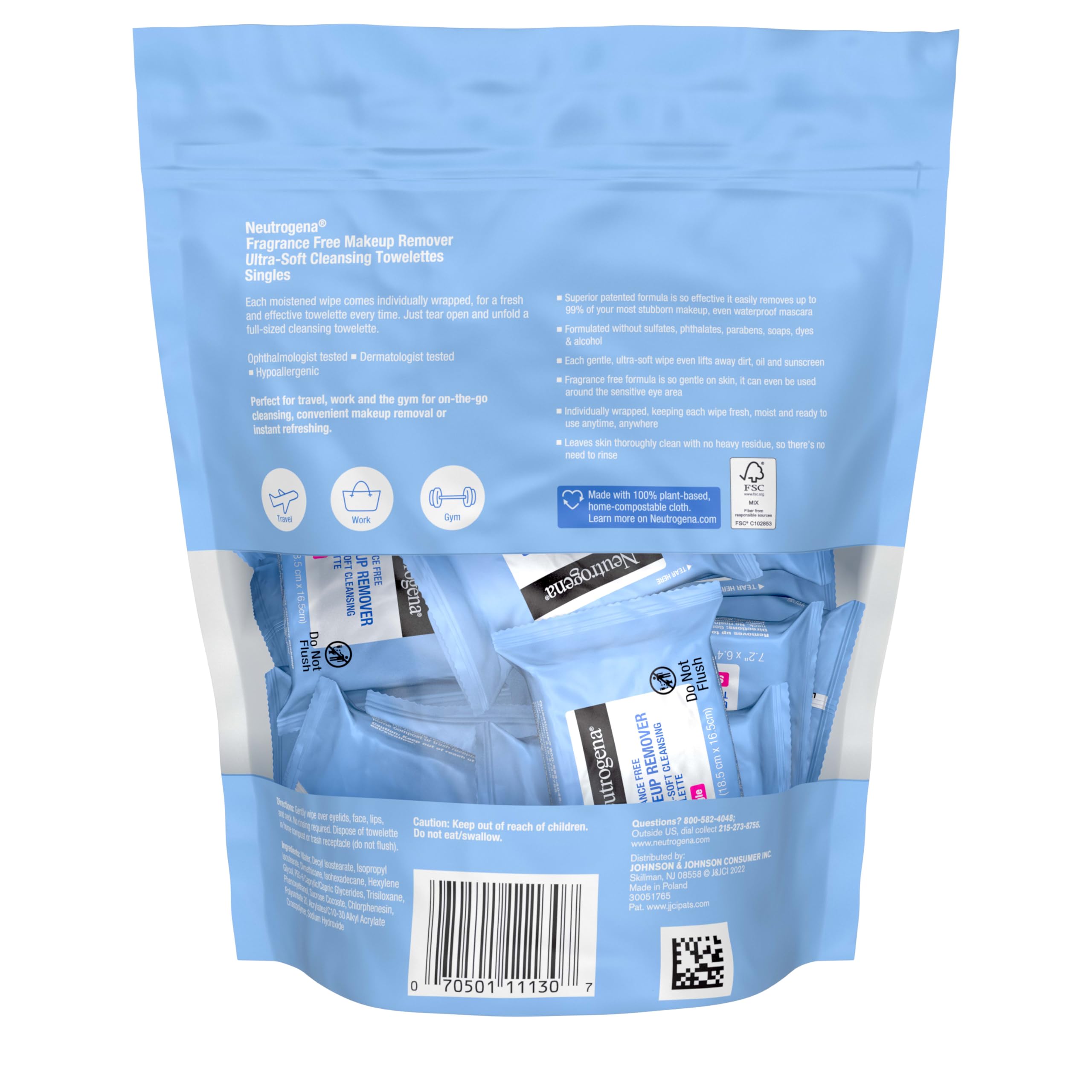 Lingettes Neutrogena adaptées pour porteurs de lentilles et usage nomade.