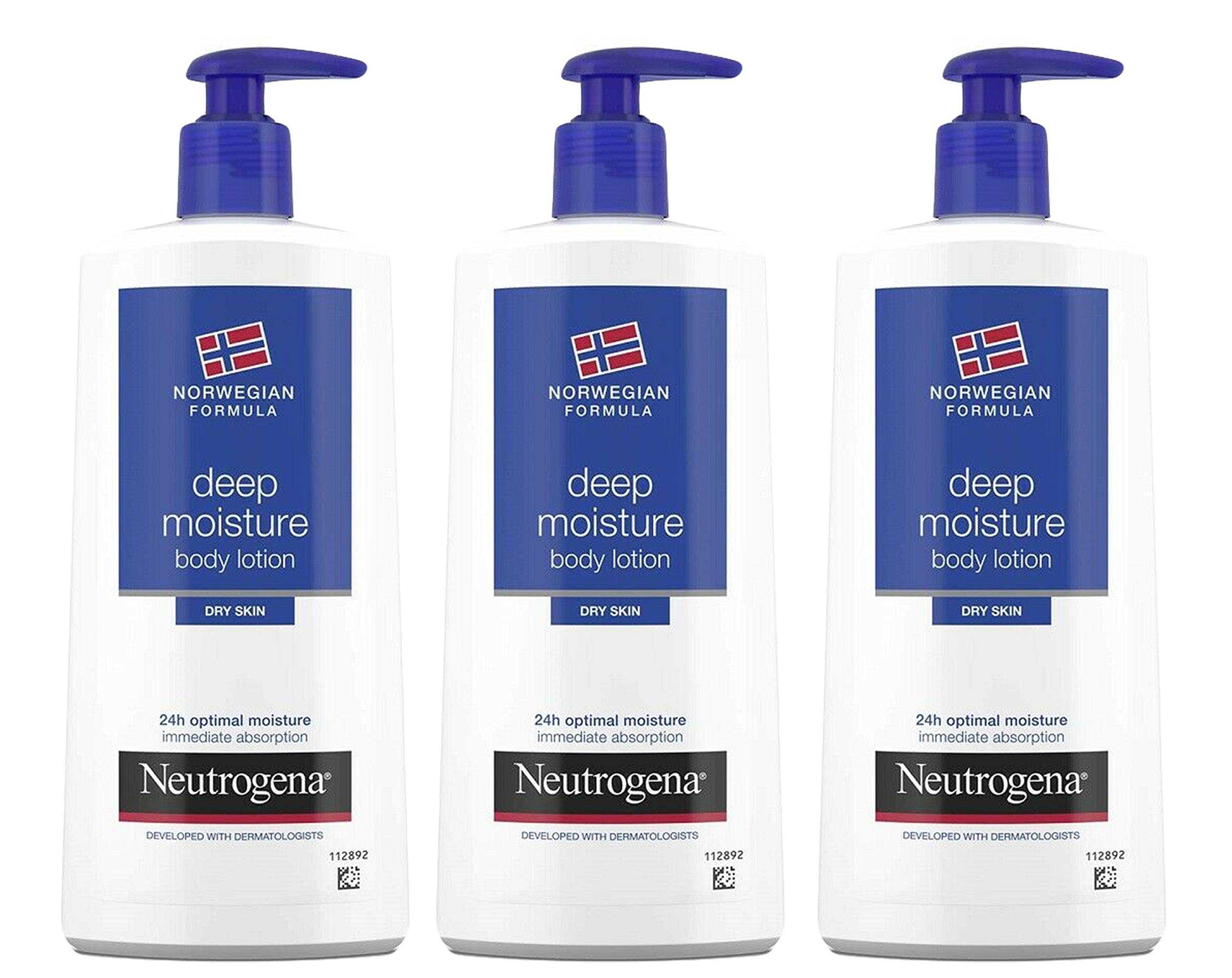 Lotion Neutrogena Deep Moisture dans sa bouteille, hydratation durable pour peau sèche
