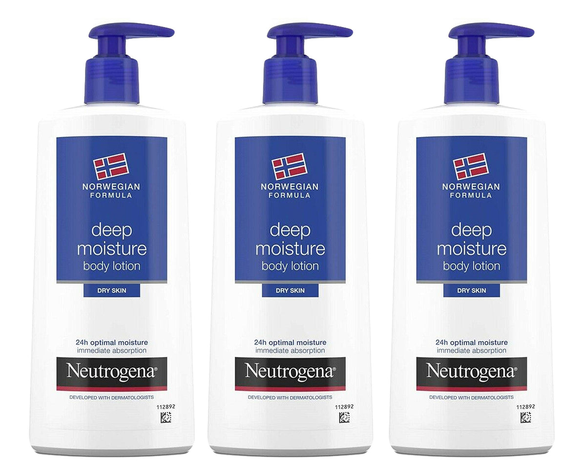 Lotion Neutrogena Deep Moisture dans sa bouteille, hydratation durable pour peau sèche