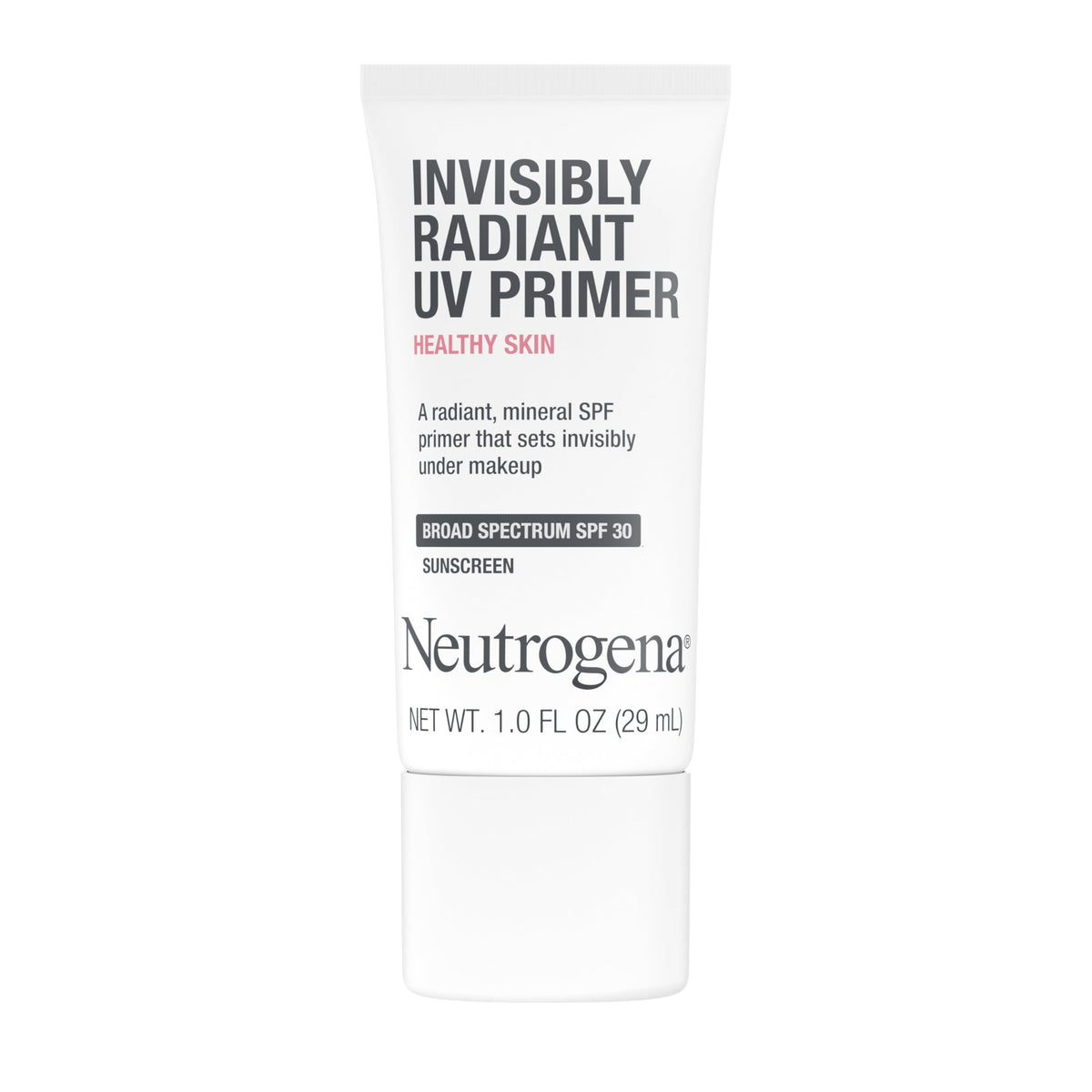 Neutrogena Healthy Skin UV Face Primer dans la bouteille, protection SPF 30 et éclat naturel.