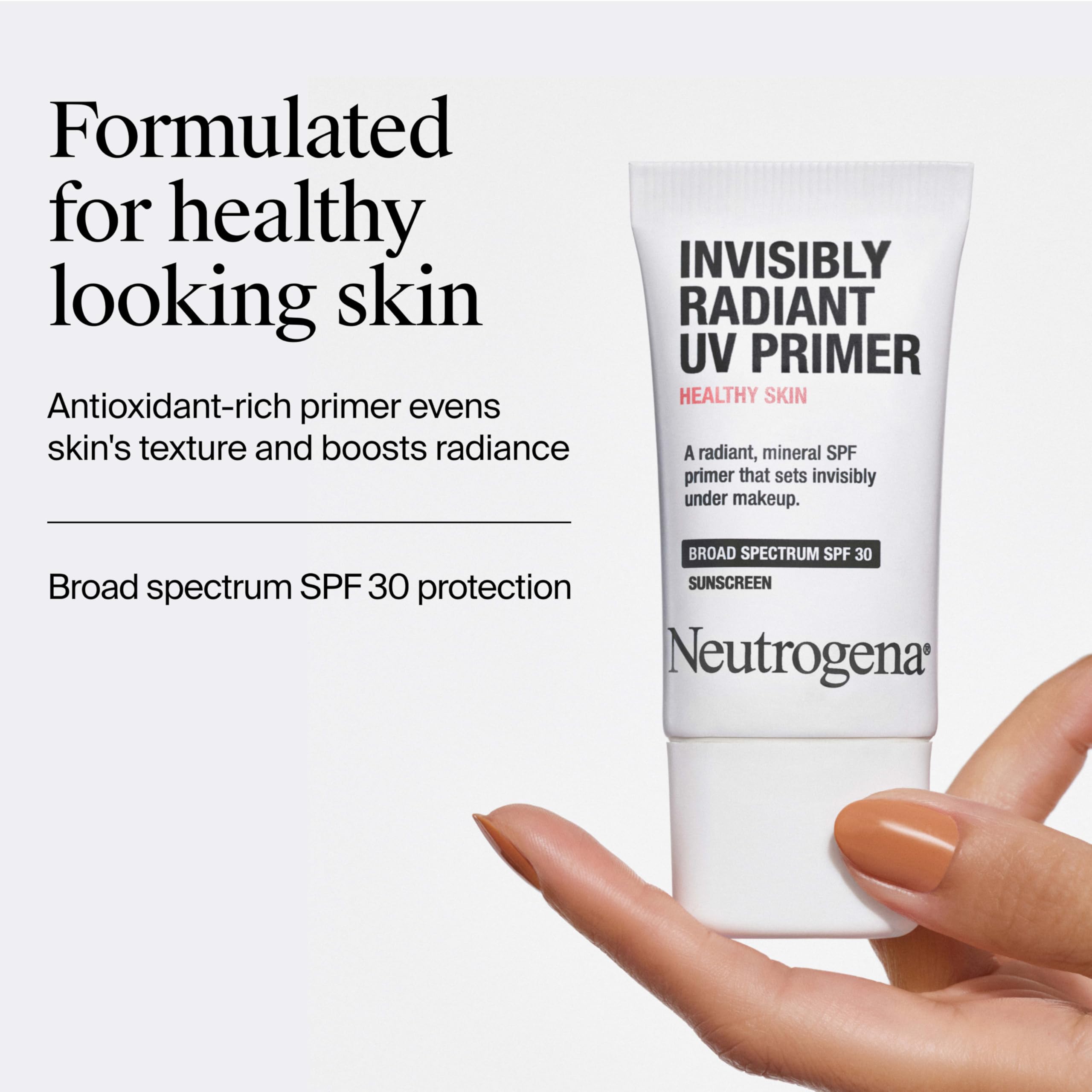 Neutrogena Healthy Skin UV Face Primer, sans filtre blanc, fini naturel et invisible.