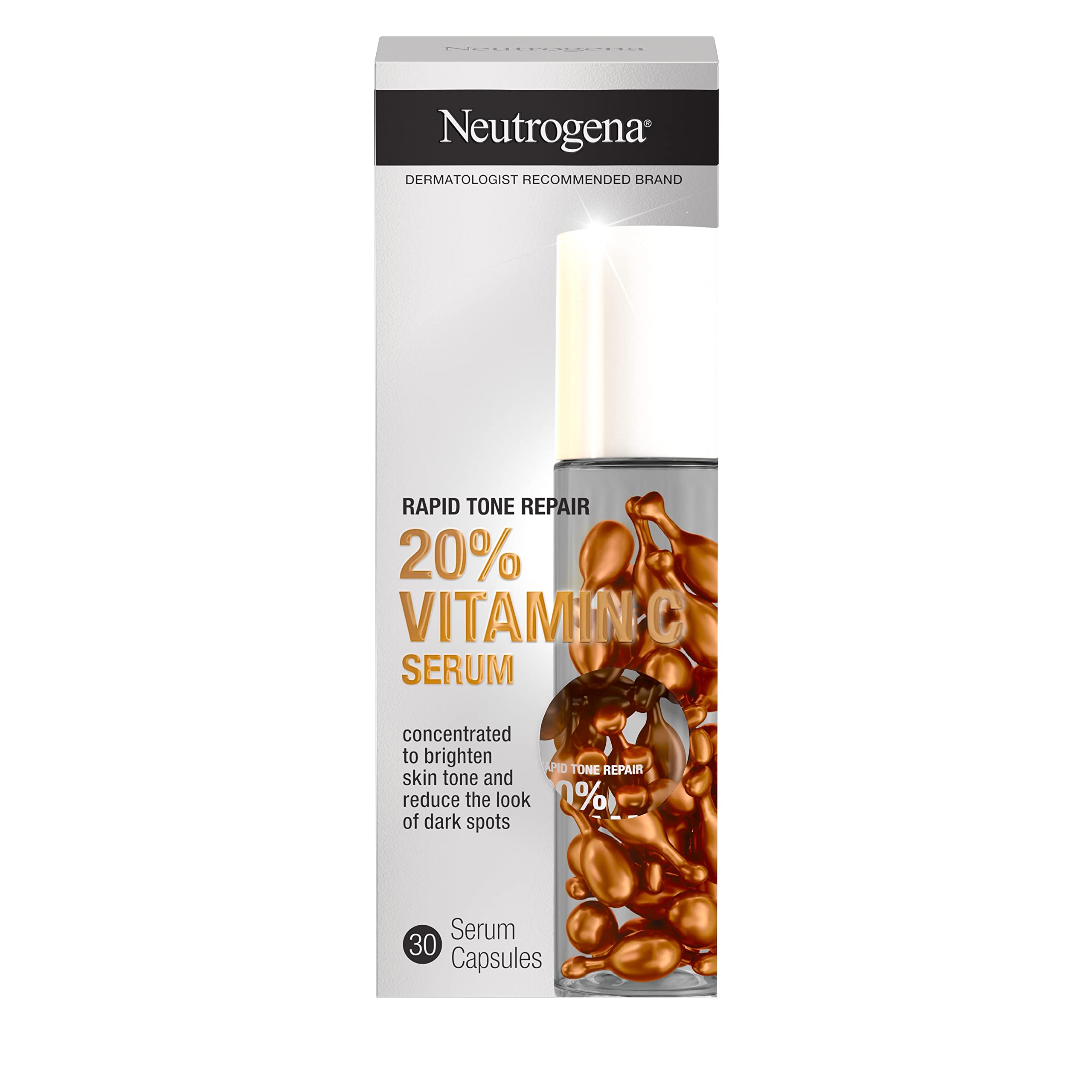 Neutrogena Rapid Tone Repair capsules vitamine C emballage, routine pratique pour le teint