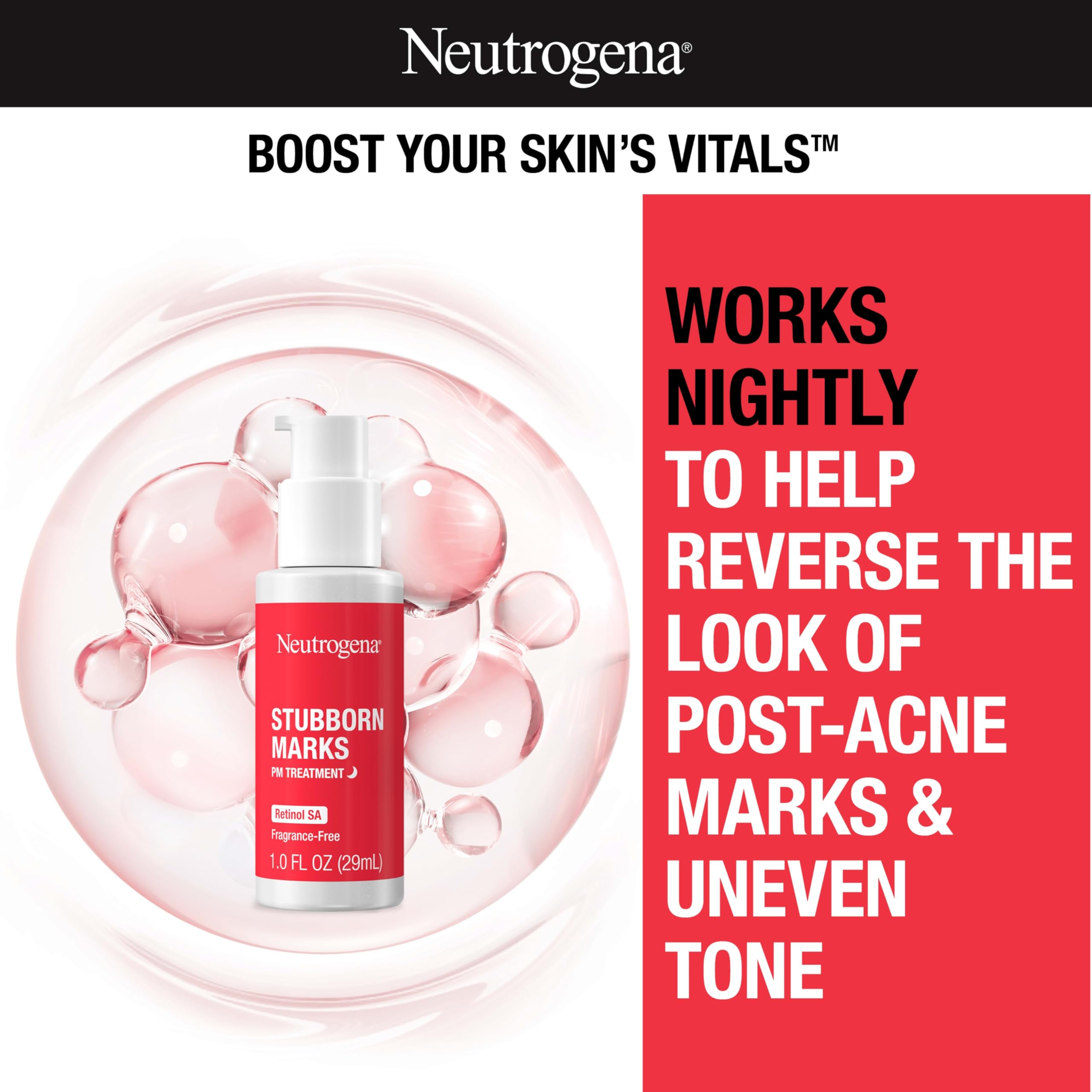 Flacon Neutrogena Retinol SA, soutien l'exfoliation nocturne et les marques post-acné.