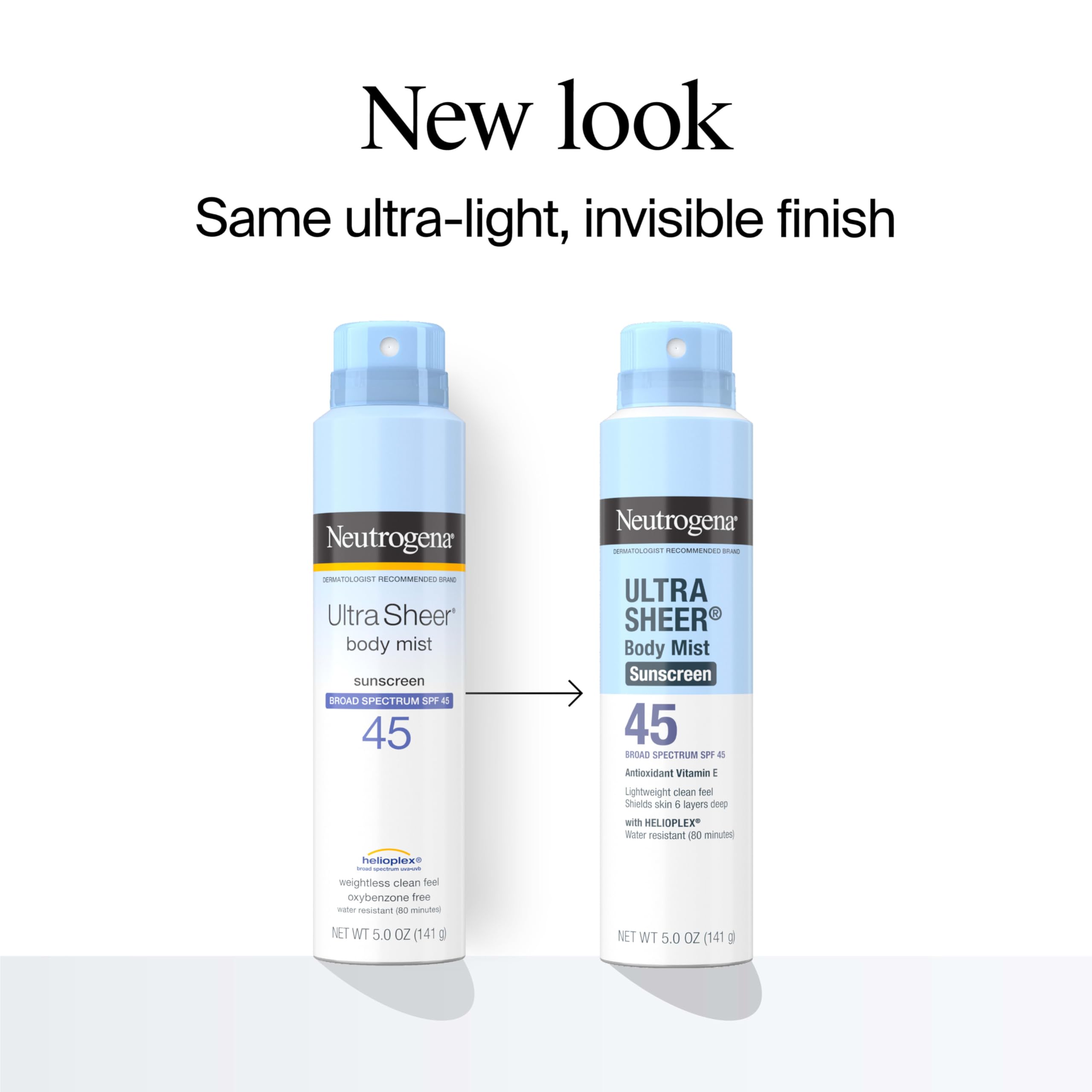 Application en spray Neutrogena montrant une dispersion rapide et homogène sur la peau.