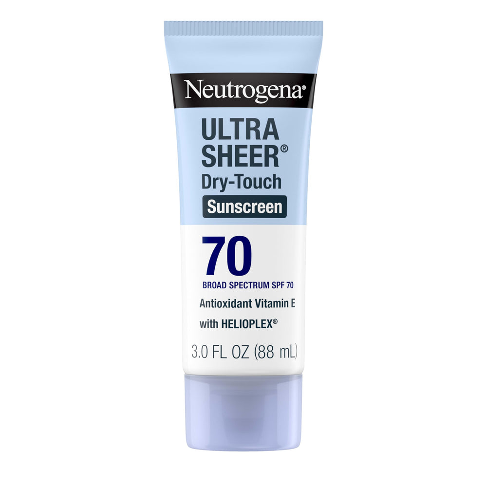 Neutrogena Ultra Sheer SPF70 en bouteille, texture Dry-Touch légère et non grasse.