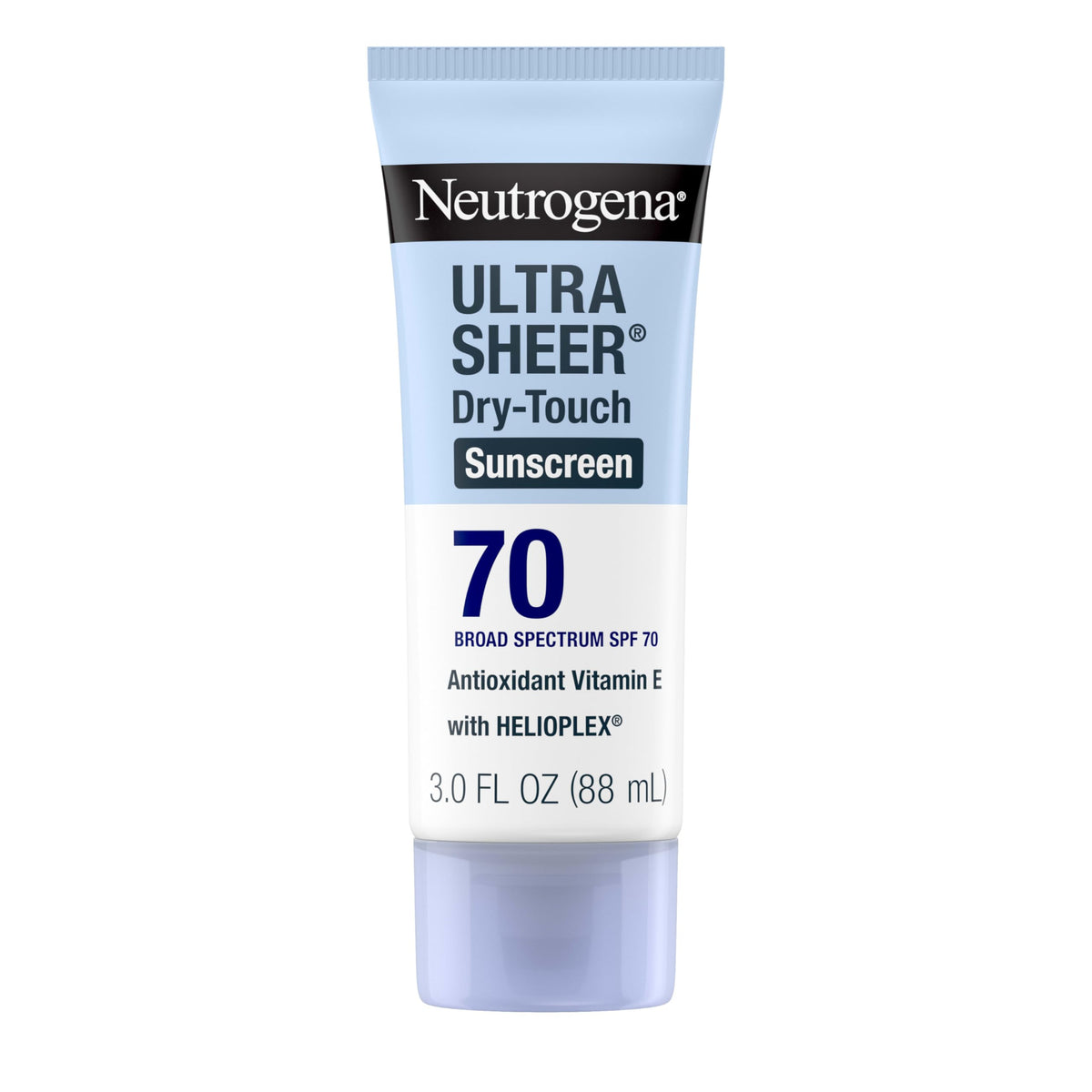 Neutrogena Ultra Sheer SPF70 en bouteille, texture Dry-Touch légère et non grasse.
