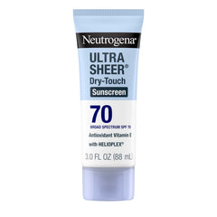 Neutrogena Ultra Sheer SPF70 en bouteille, texture Dry-Touch légère et non grasse.
