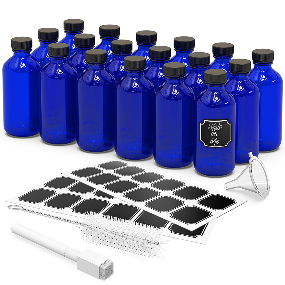 Bouteille Nevlers en verre bleu cobalt 8 oz avec couvercle, protection UV et conservation.