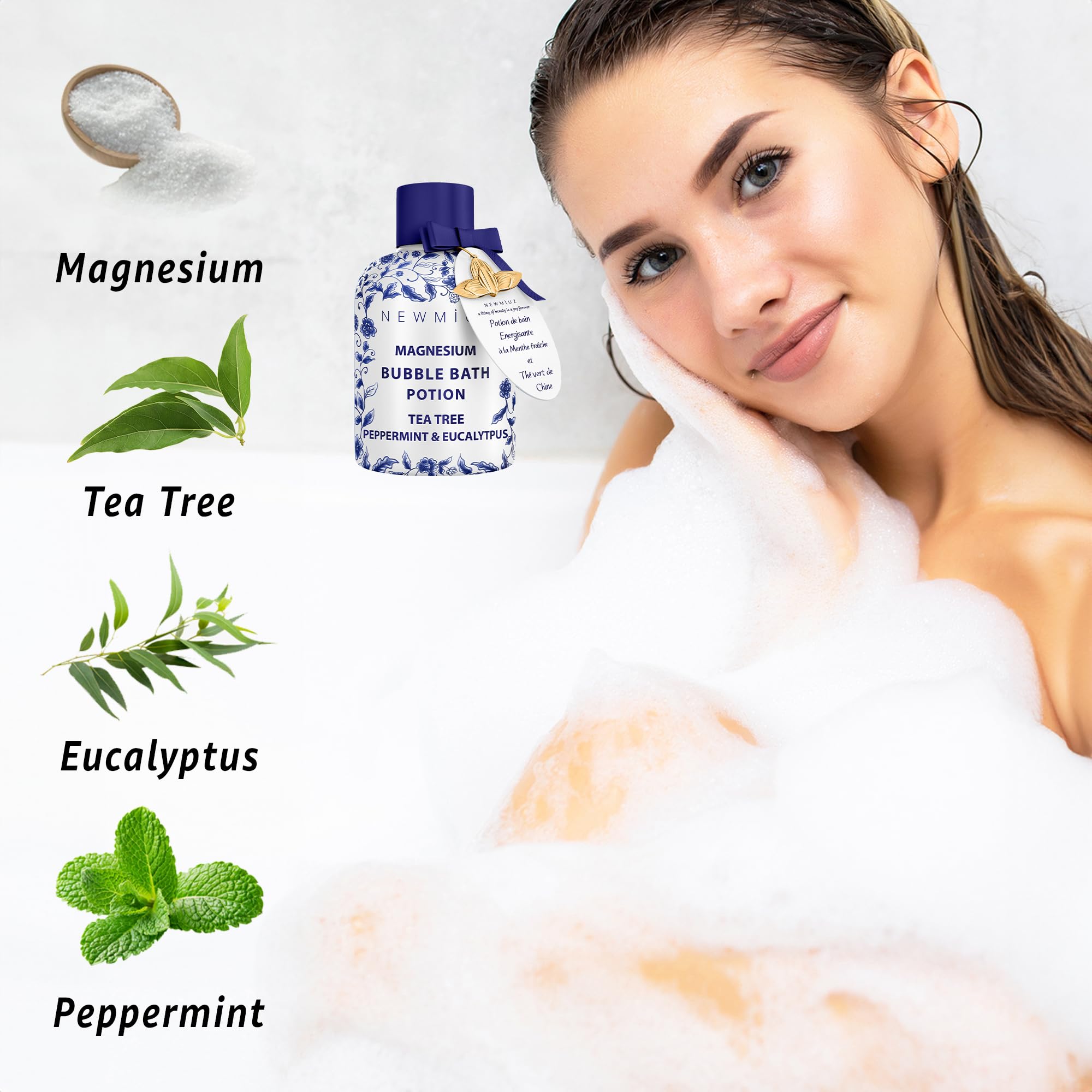 Bain bulle aromatherapie relaxante avec menthe et eucalyptus.