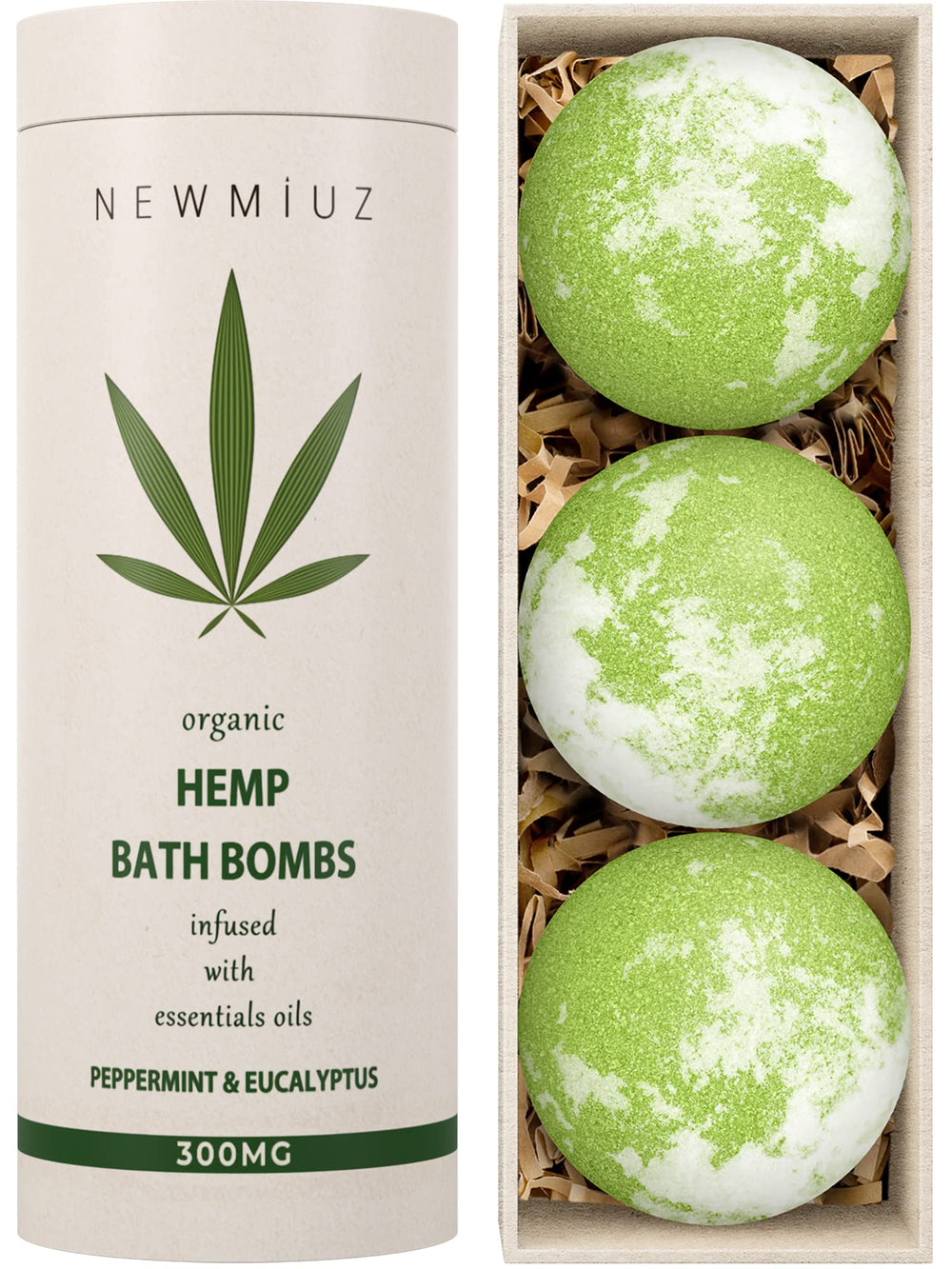 New Miuz bombe-bain chanvre menthe eucalyptus pour relaxation revitalisante.