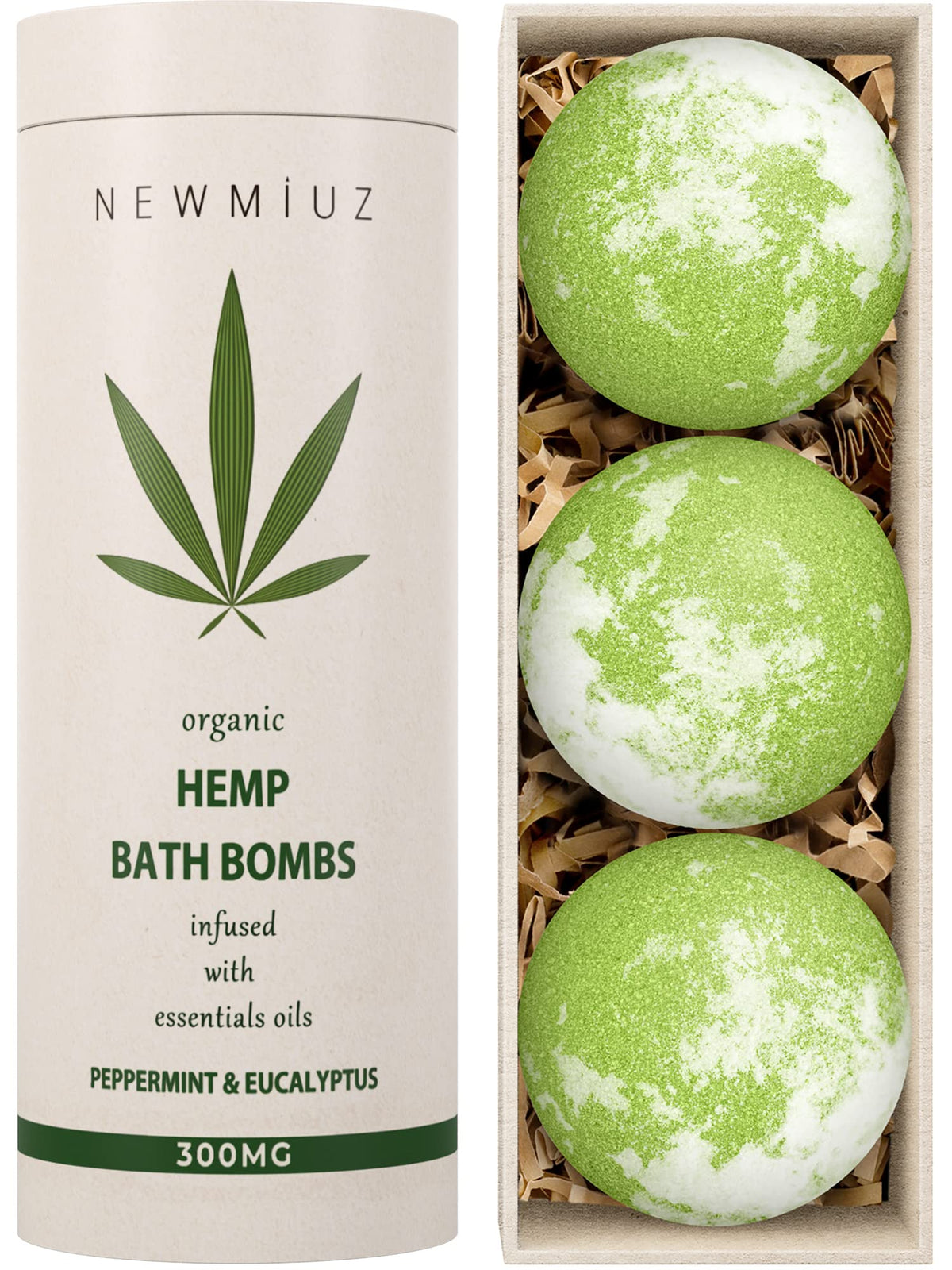 New Miuz bombe-bain chanvre menthe eucalyptus pour relaxation revitalisante.