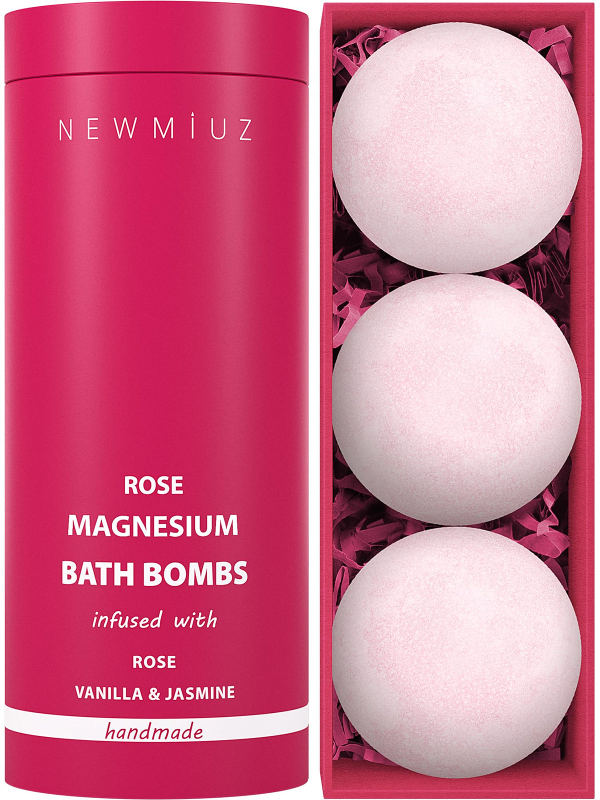 New Miuz bombe-bain magnésium rose vanille : relaxation et bulles généreuses.