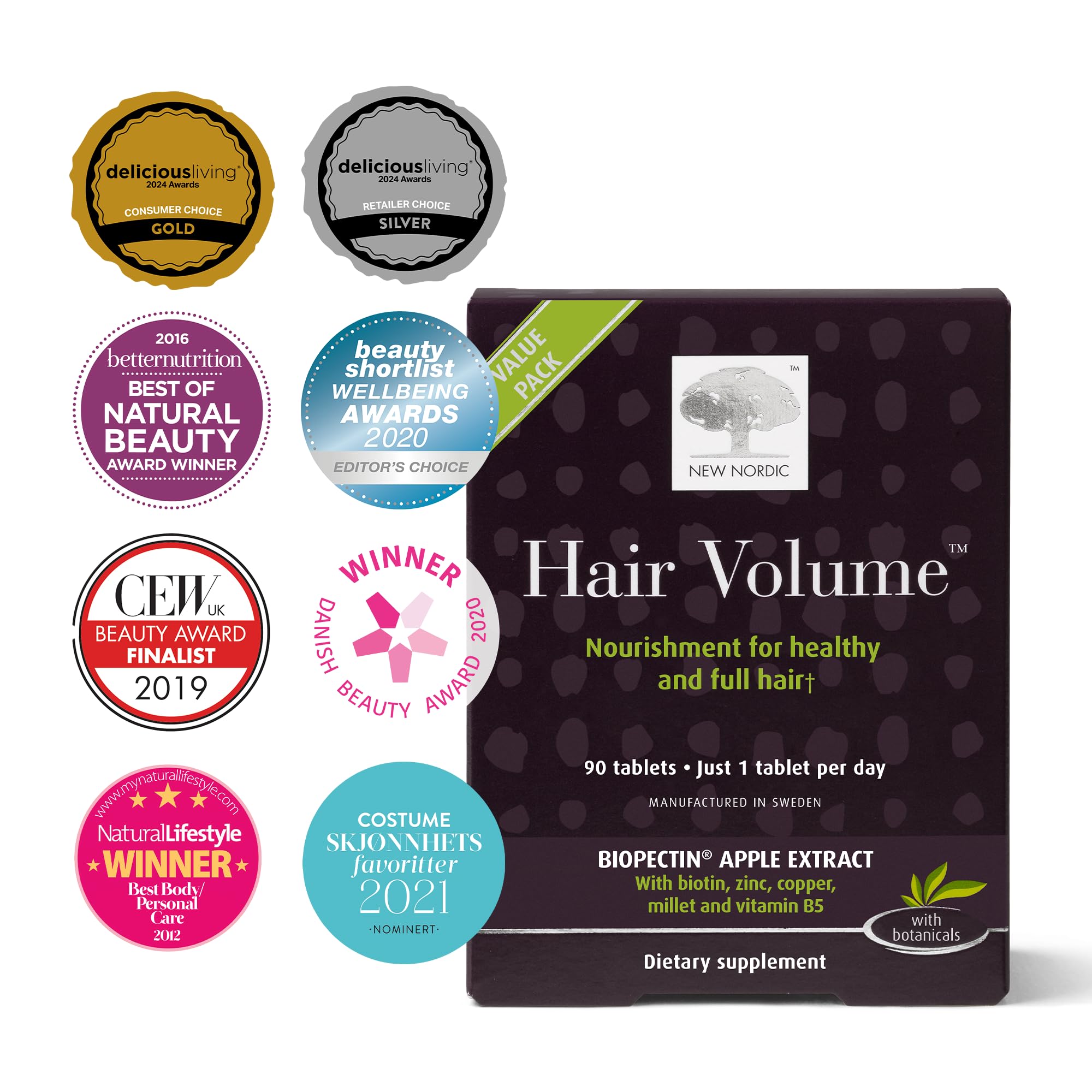 NEW NORDIC tablettes-volume-cheveux, étiquette visible, soutien potentiel à la croissance capillaire.