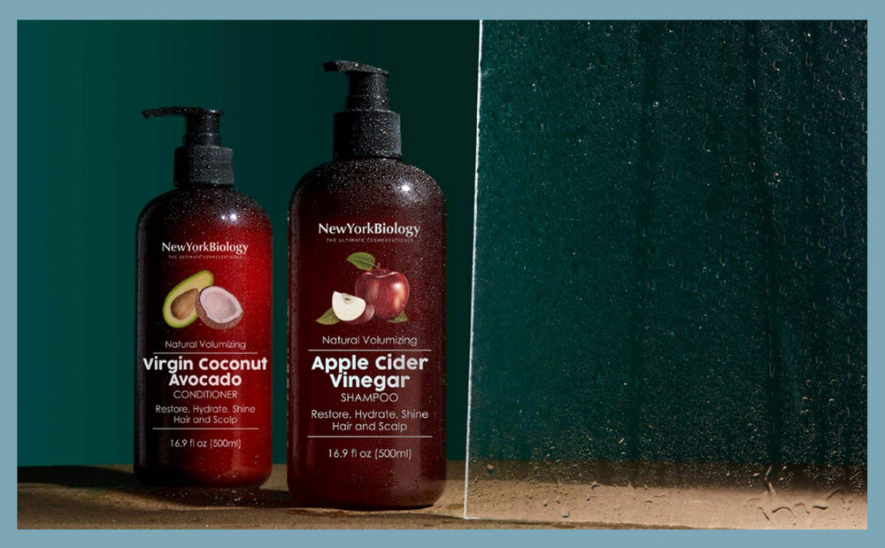 New York Biology Apple Cider Vinegar Shampoo ingredients label emphasizes cruelty-free and sulfate-free care.