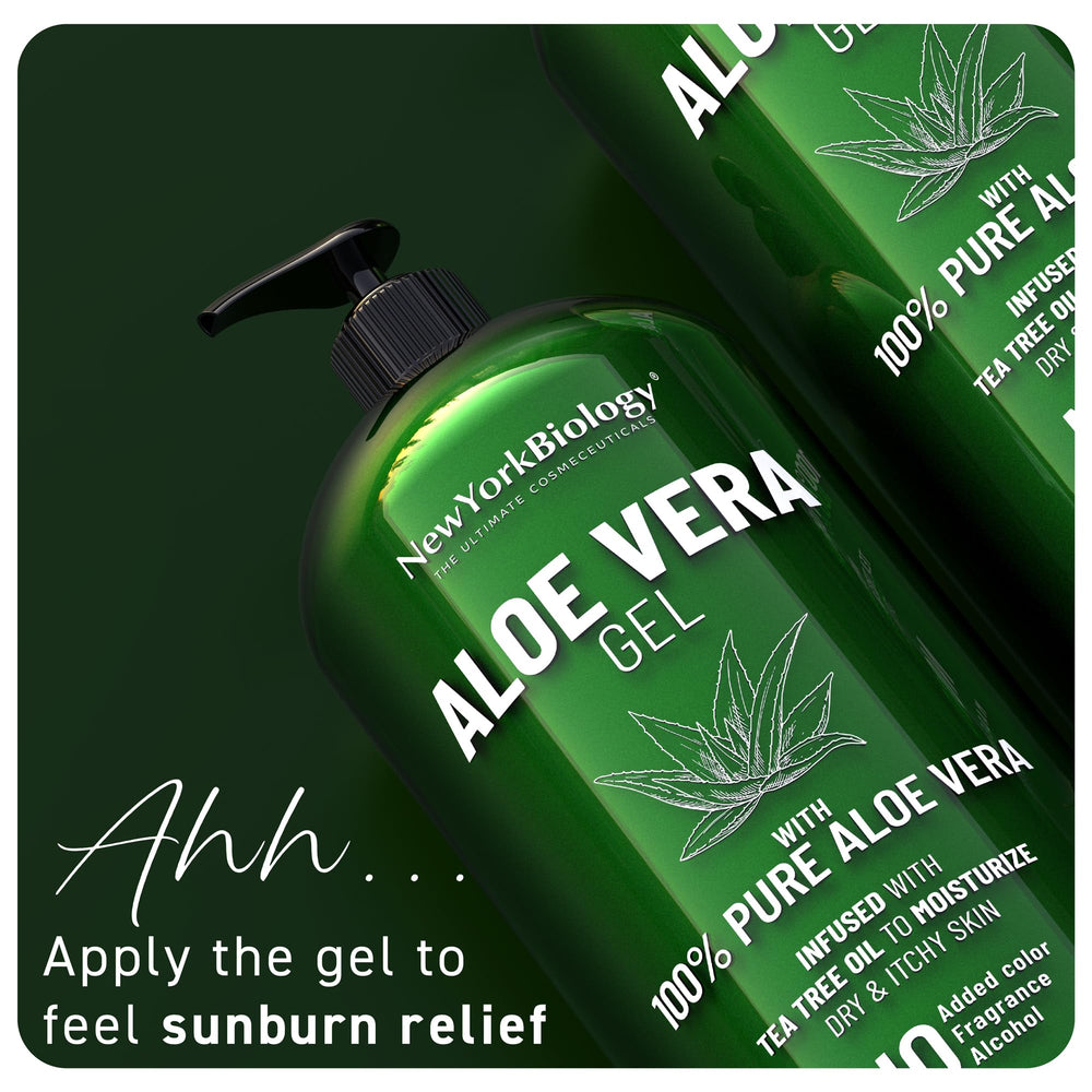 Gel après soleil NEW YORK BIOLOGY appliqué sur le visage pour du réconfort.
