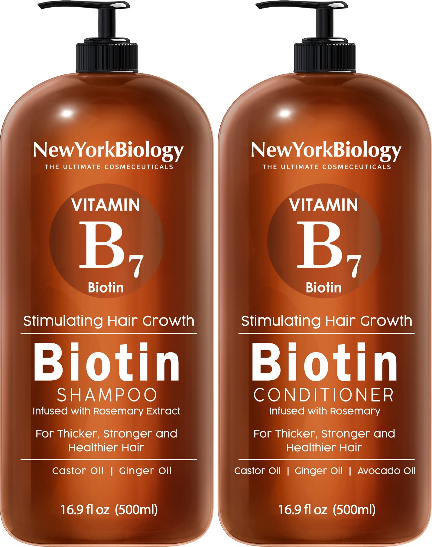 Shampoing biotine NEW YORK BIOLOGY – bouteille visible, cheveux plus épais après lavage.