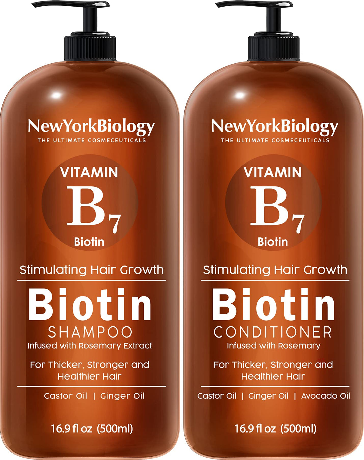 Shampoing biotine NEW YORK BIOLOGY – bouteille visible, cheveux plus épais après lavage.