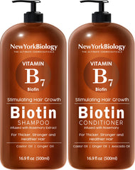 Shampoing biotine NEW YORK BIOLOGY – bouteille visible, cheveux plus épais après lavage.