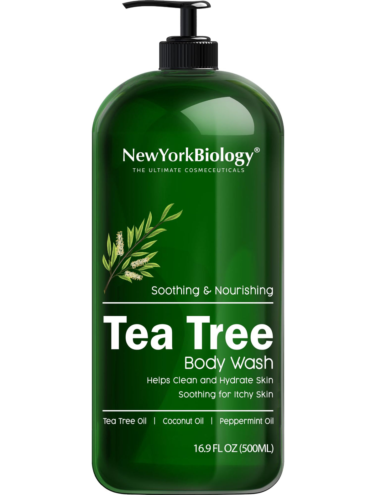 Gel Douche Arbre à Thé NEW YORK BIOLOGY – bouteille blanche prête pour une douche hydratante et apaisante.