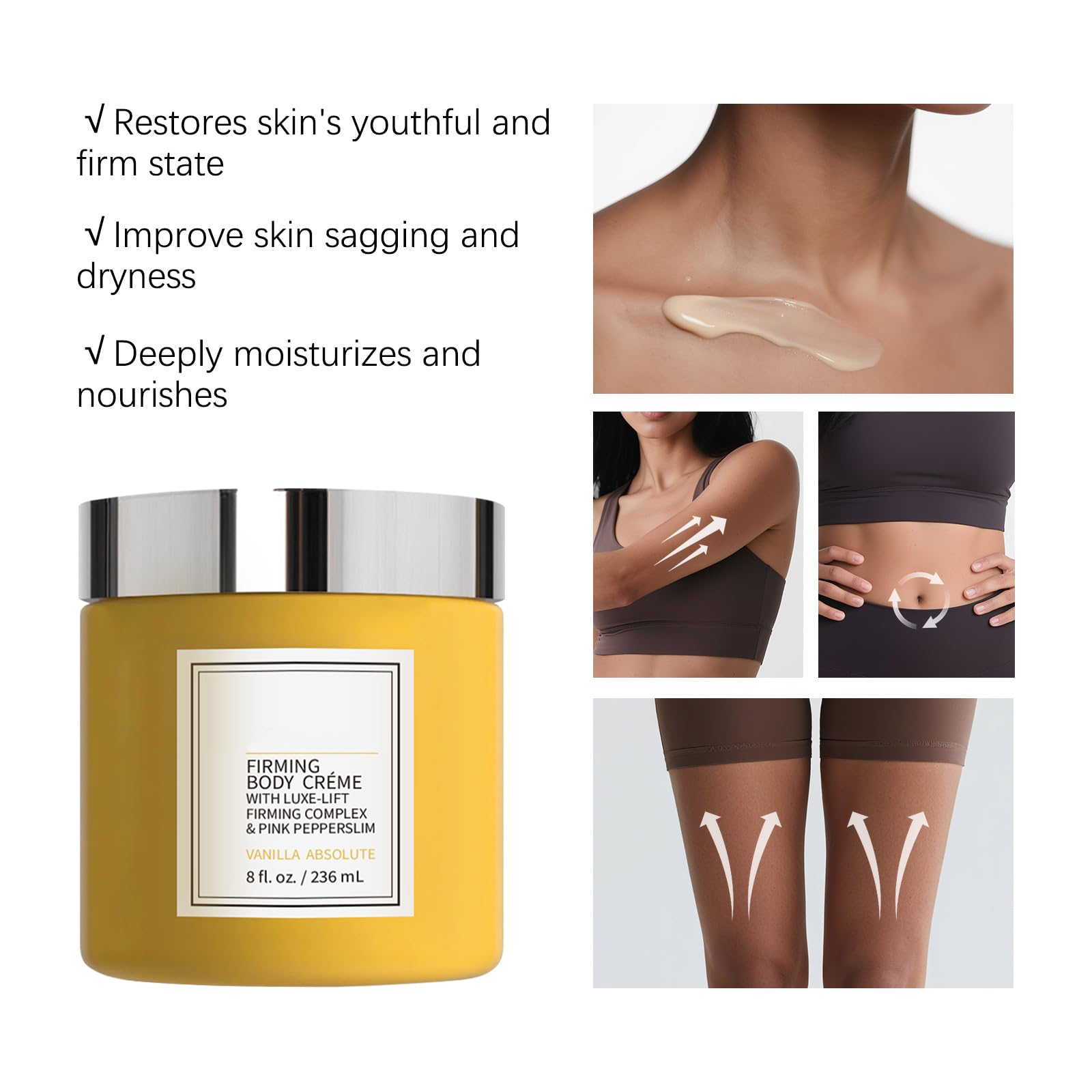 New Champagne Crème – ingrédients naturels visibles, doux pour tous types de peau.