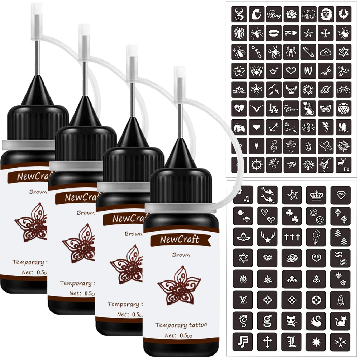 NewCraft tatouage brun temporaire 4 pack, pratique pour débutants et séances à domicile.