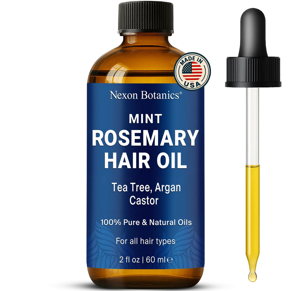 Nexon Botanics huile menthe romarin, bouteille pratique pour soins capillaires quotidiens.
