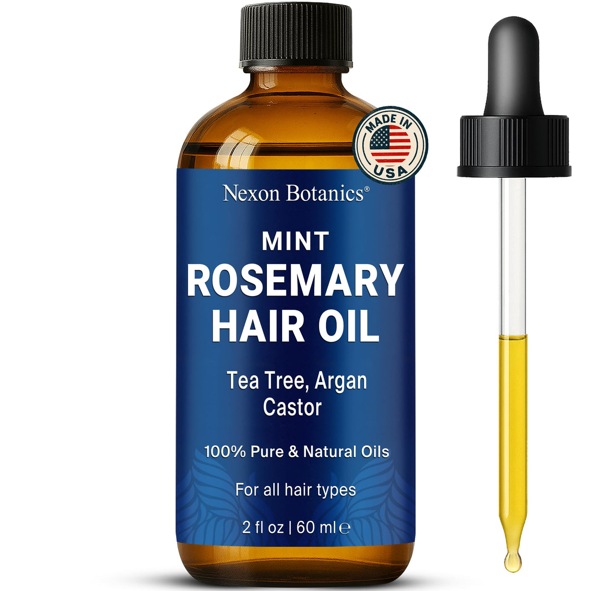 Nexon Botanics huile menthe romarin, bouteille pratique pour soins capillaires quotidiens.
