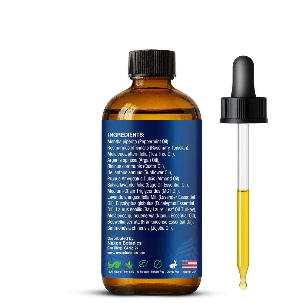 Nexon Botanics huile menthe romarin, ingrédients véganes et sans OGM.