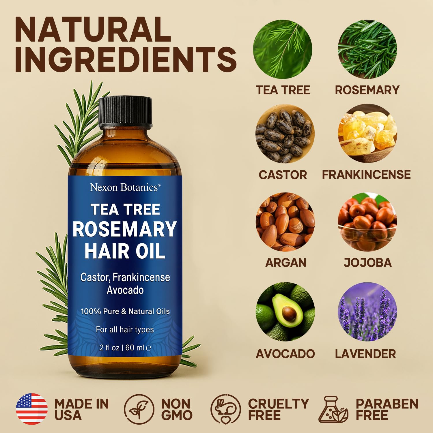 Nexon Botanics – huile ricin-avocat-encens, mélange nourrissant pour cheveux.