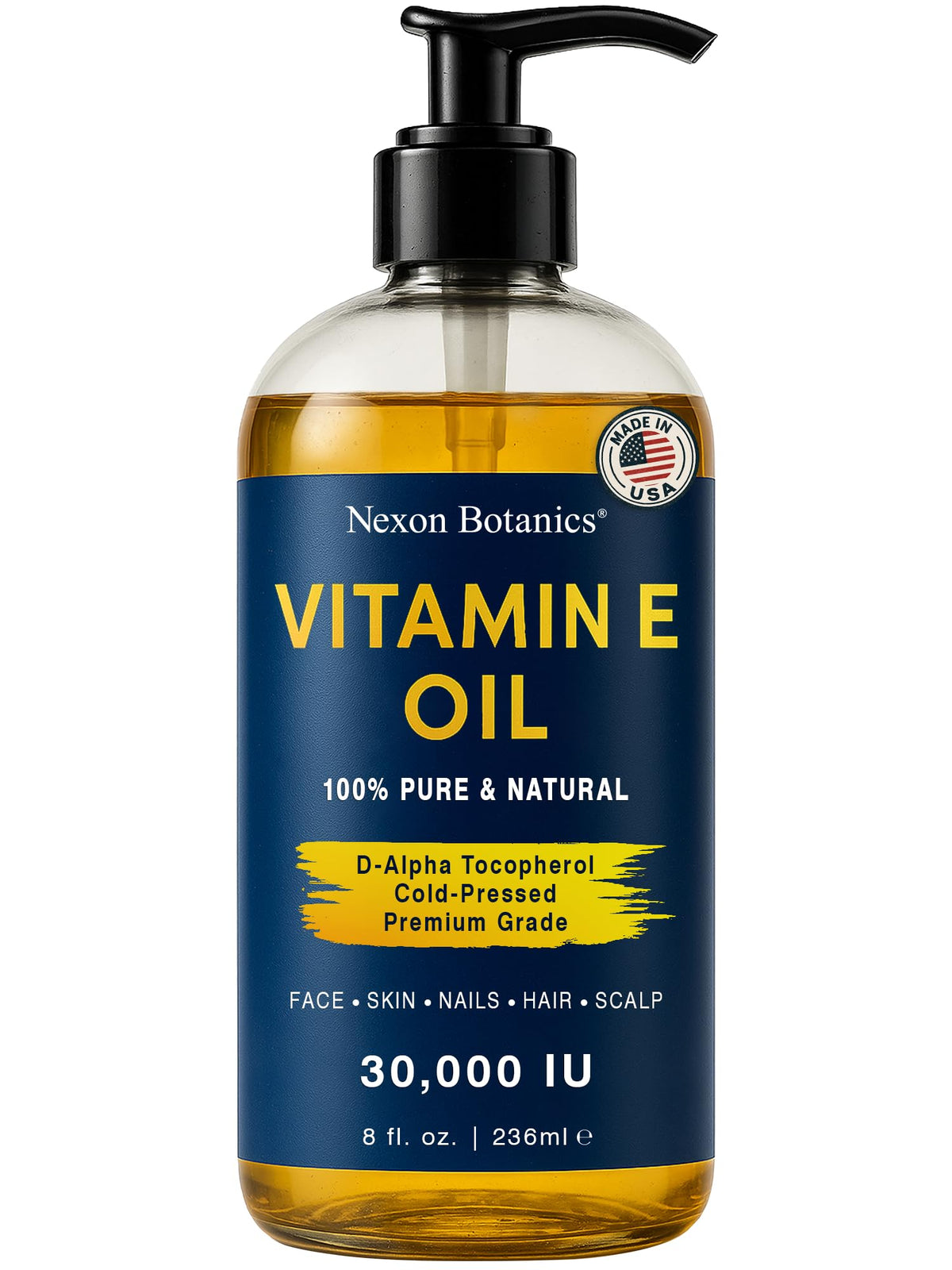 Nexon Botanics huile vitamine E 30 000 UI, flacon pour hydratation en profondeur.