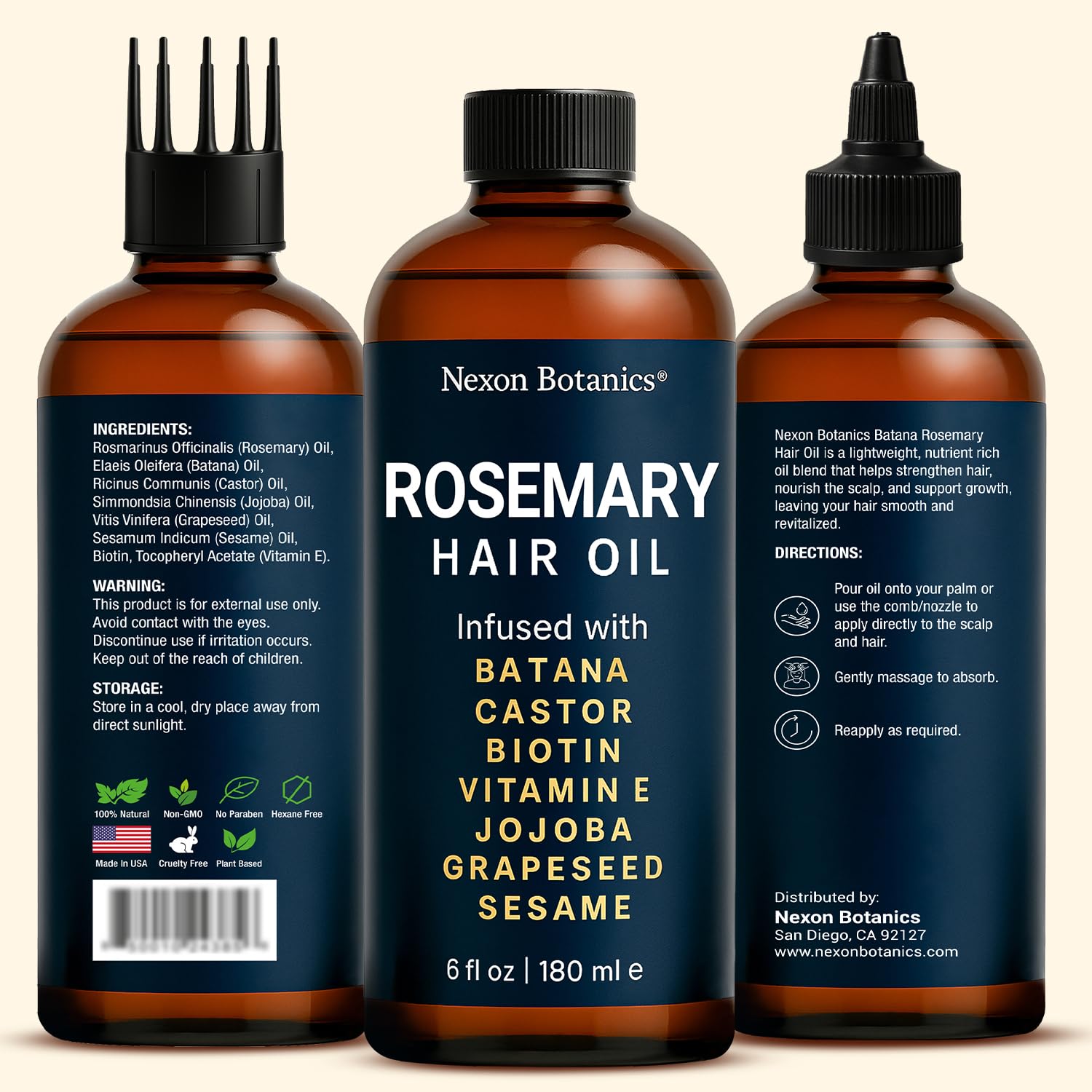 Nexon Botanics rosemary oil bottle dropper for easy scalp application