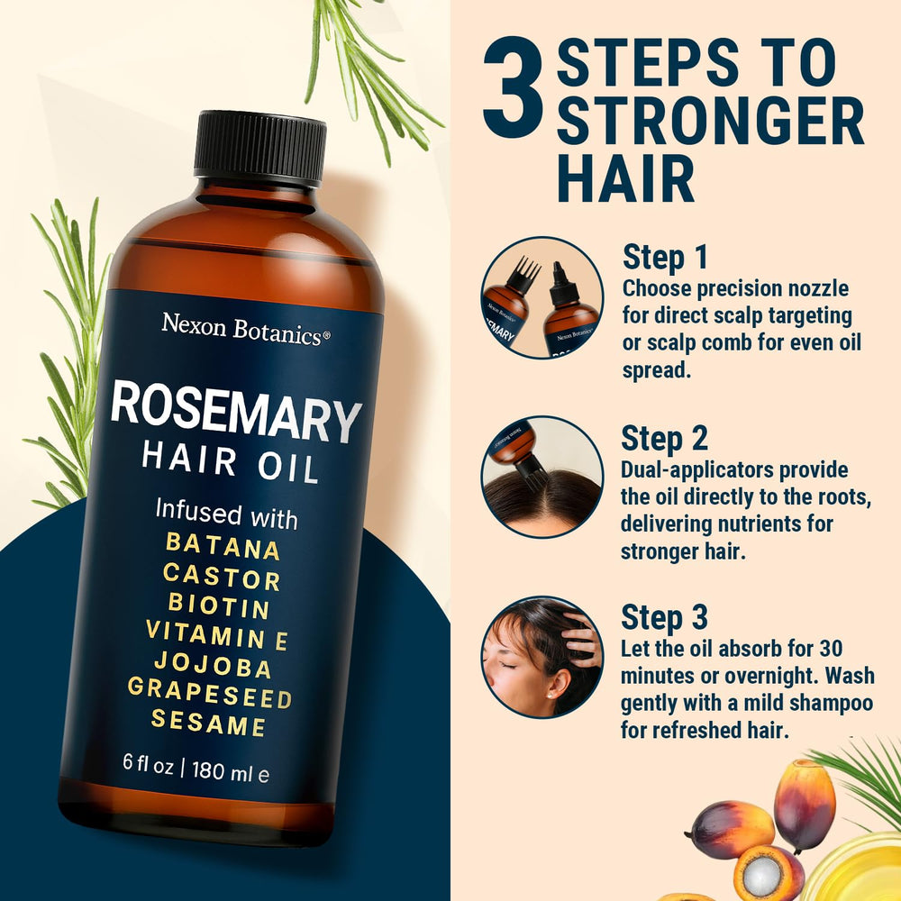 Nexon Botanics Rosemary Oil applied to hair for nourishment and shine