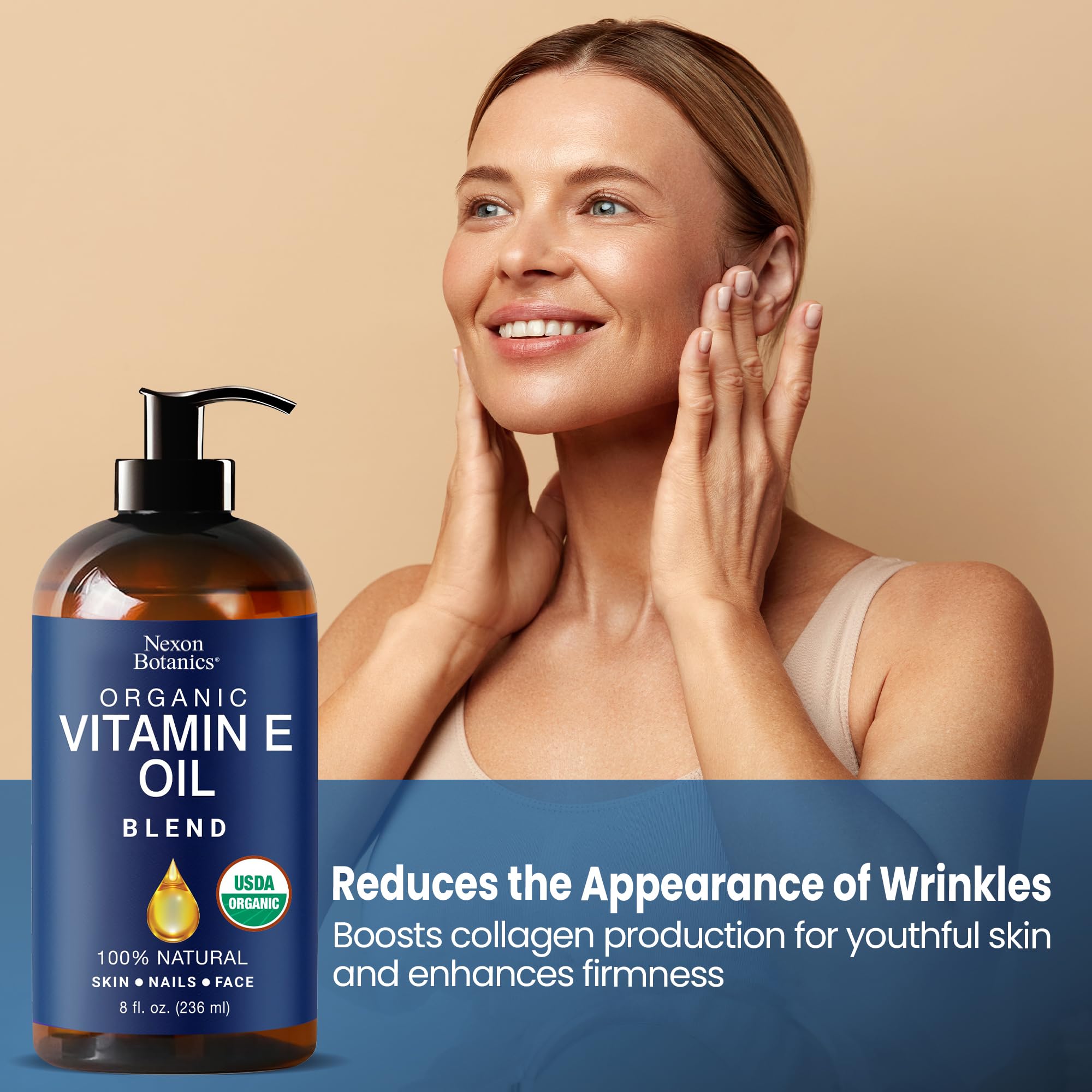 Nexon Botanics Vitamin E Oil amber bottle protects potency