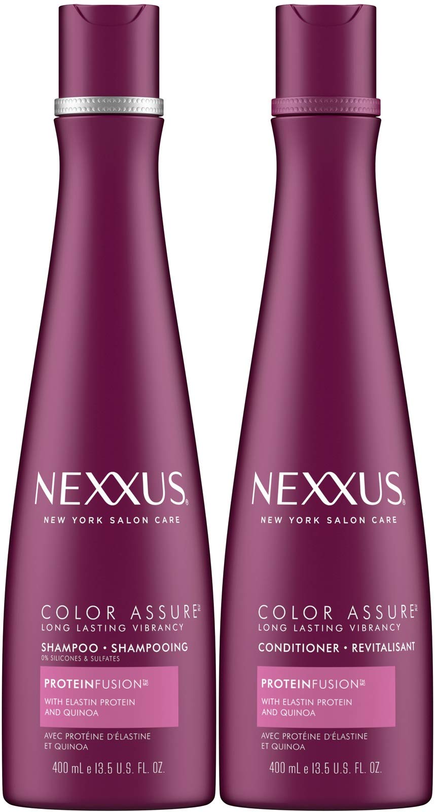 Nexxus Color Assure Duo : image montrant le duo shampooing et après-shampoing préservant la couleur.