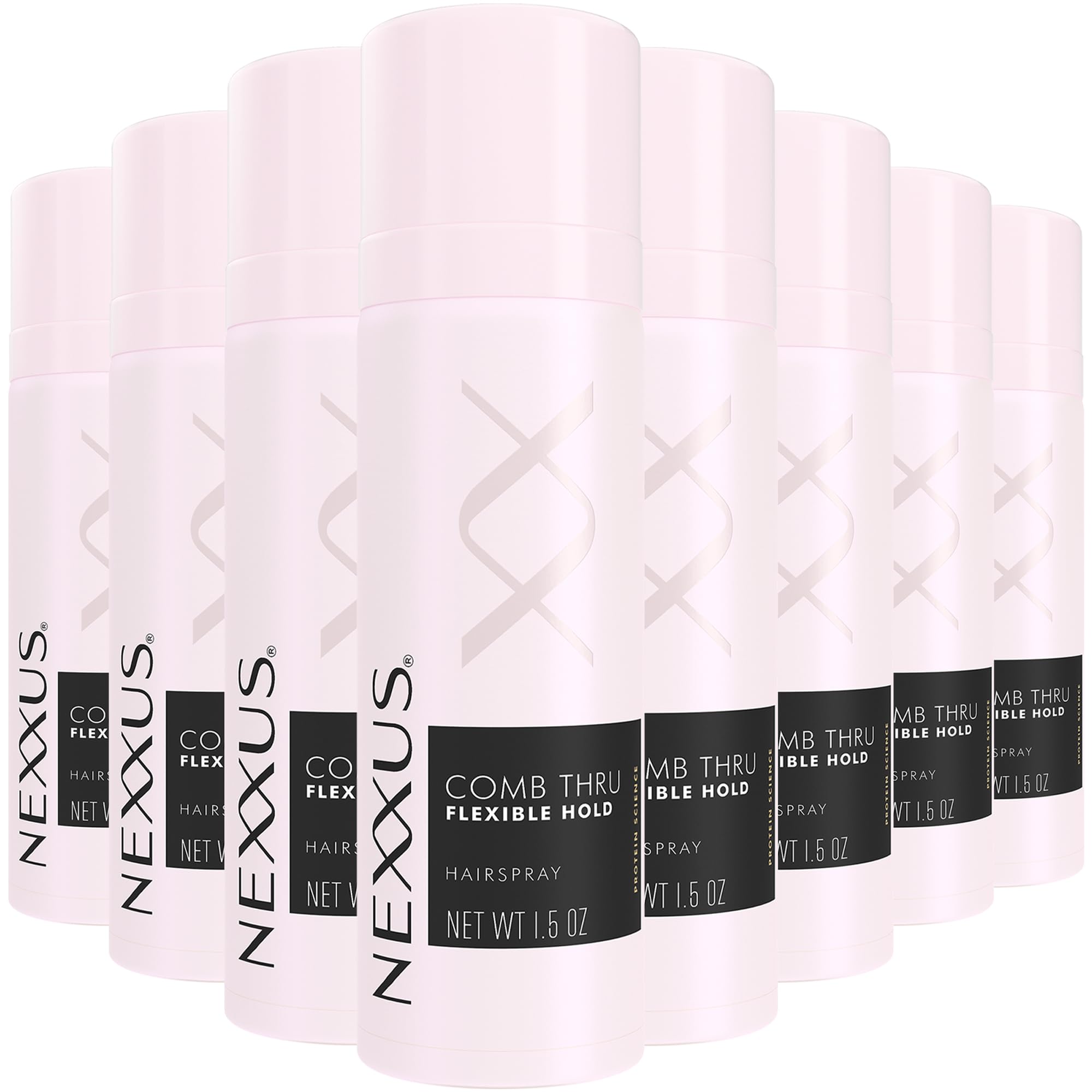 Nexxus Comb Thru spray cheveux, bouteille rose prête pour le voyage et tenue légère.