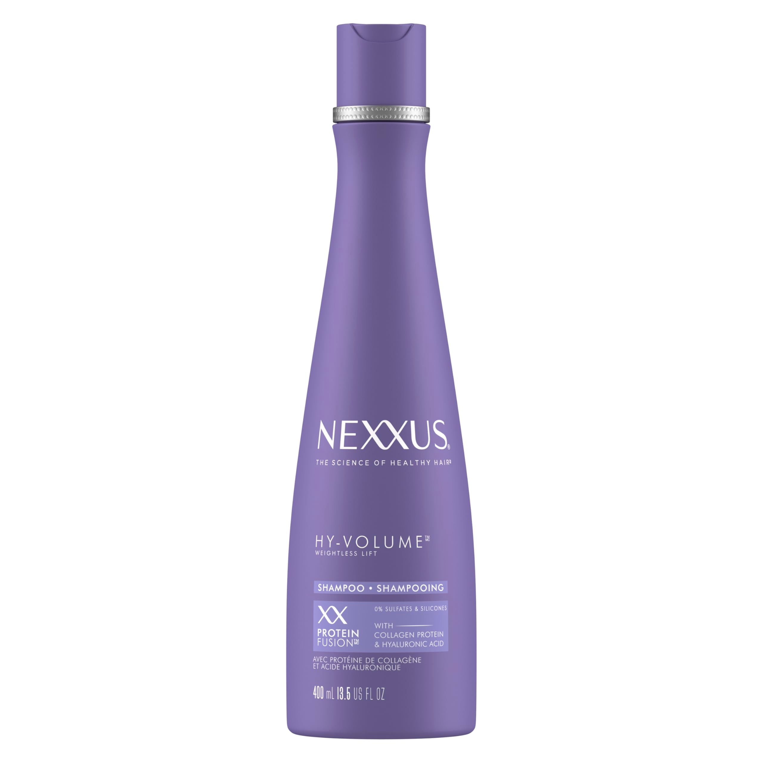 Nexxus Hy-Volume Shampoo, bouteille lumineuse, volume durable dès la première utilisation.